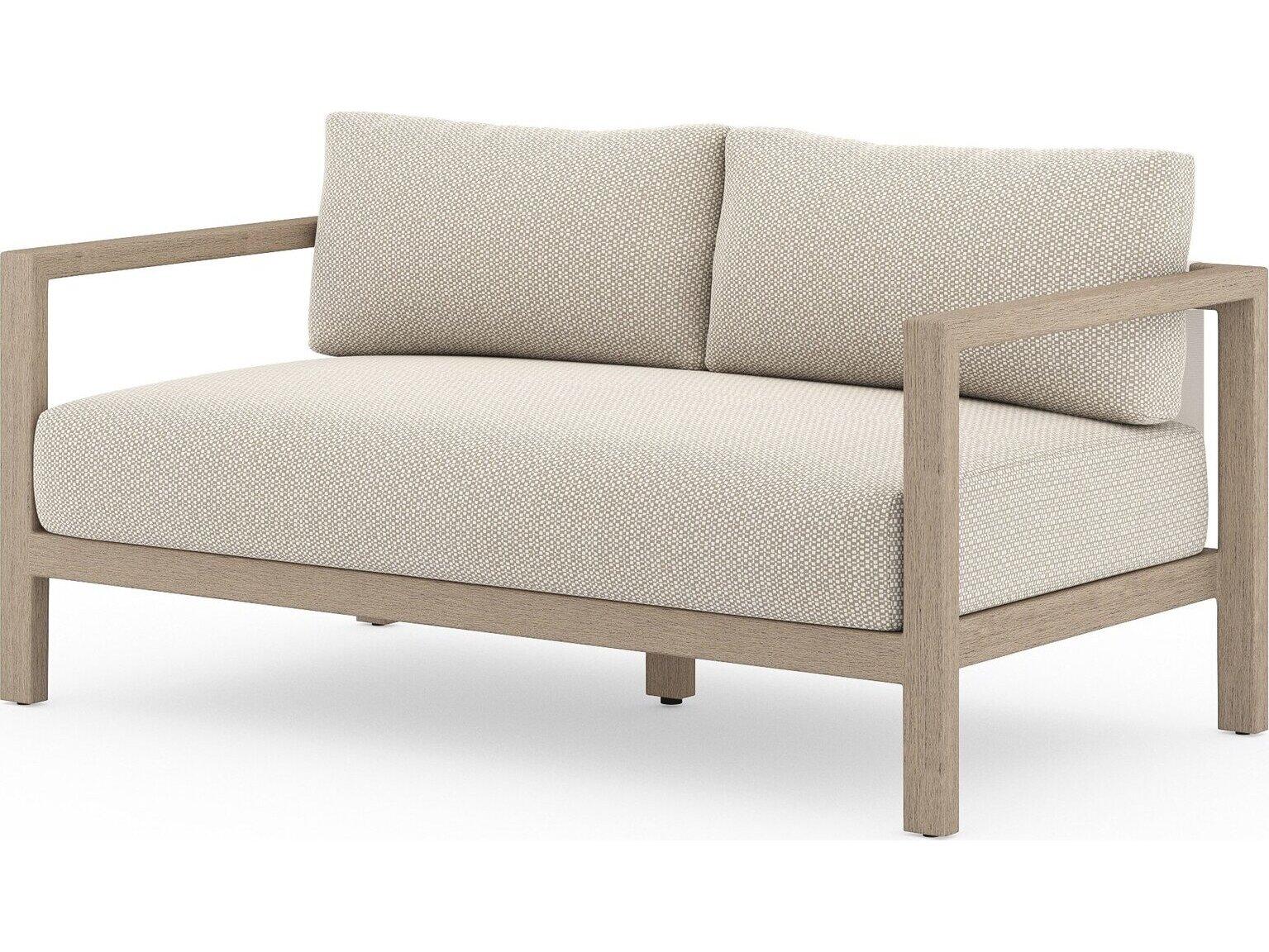 Four Hands Outdoor Solano Washed Brown Teak Loveseat with Faye Sand Cushion