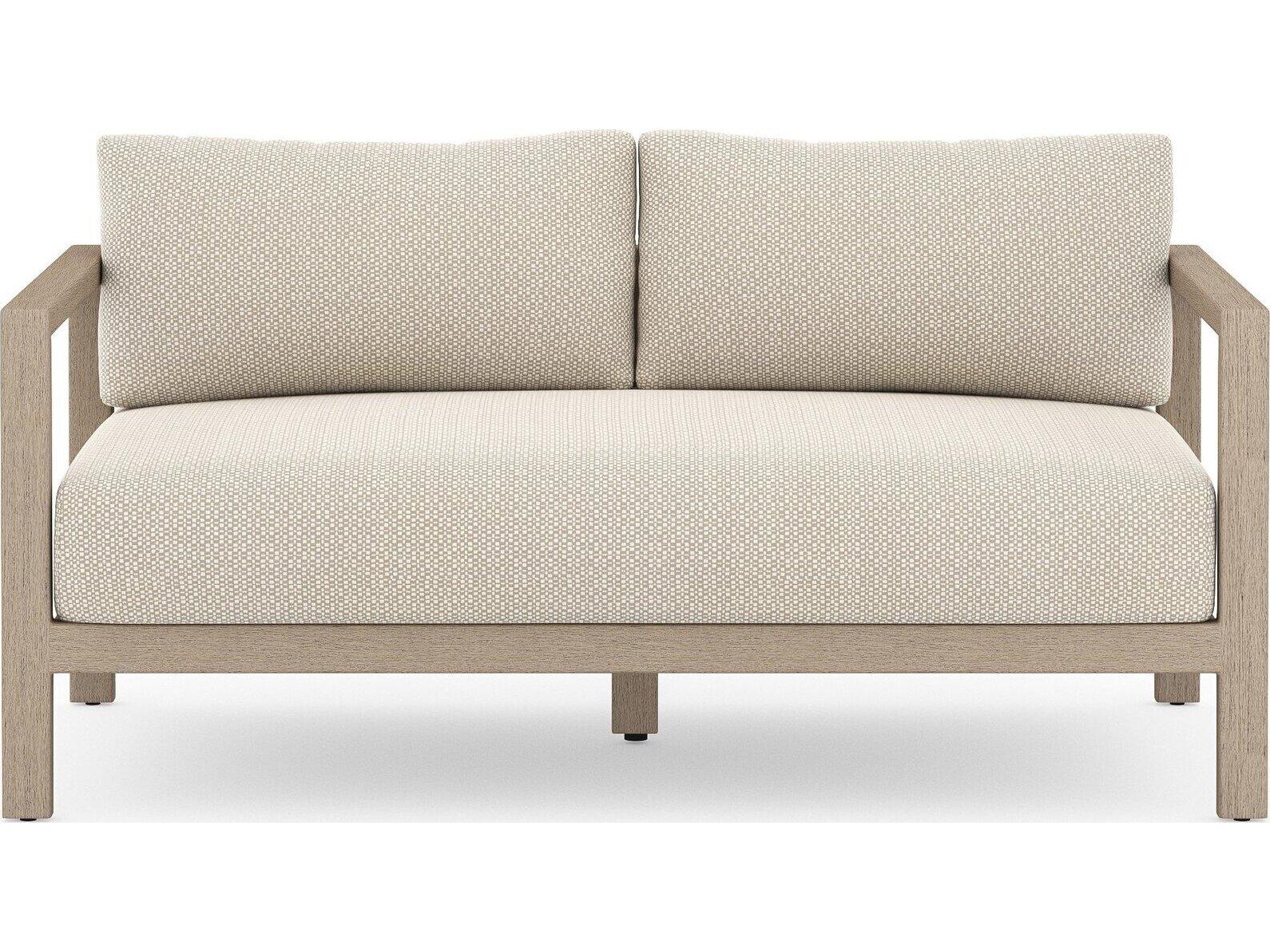 Four Hands Outdoor Solano Washed Brown Teak Loveseat with Faye Sand Cushion