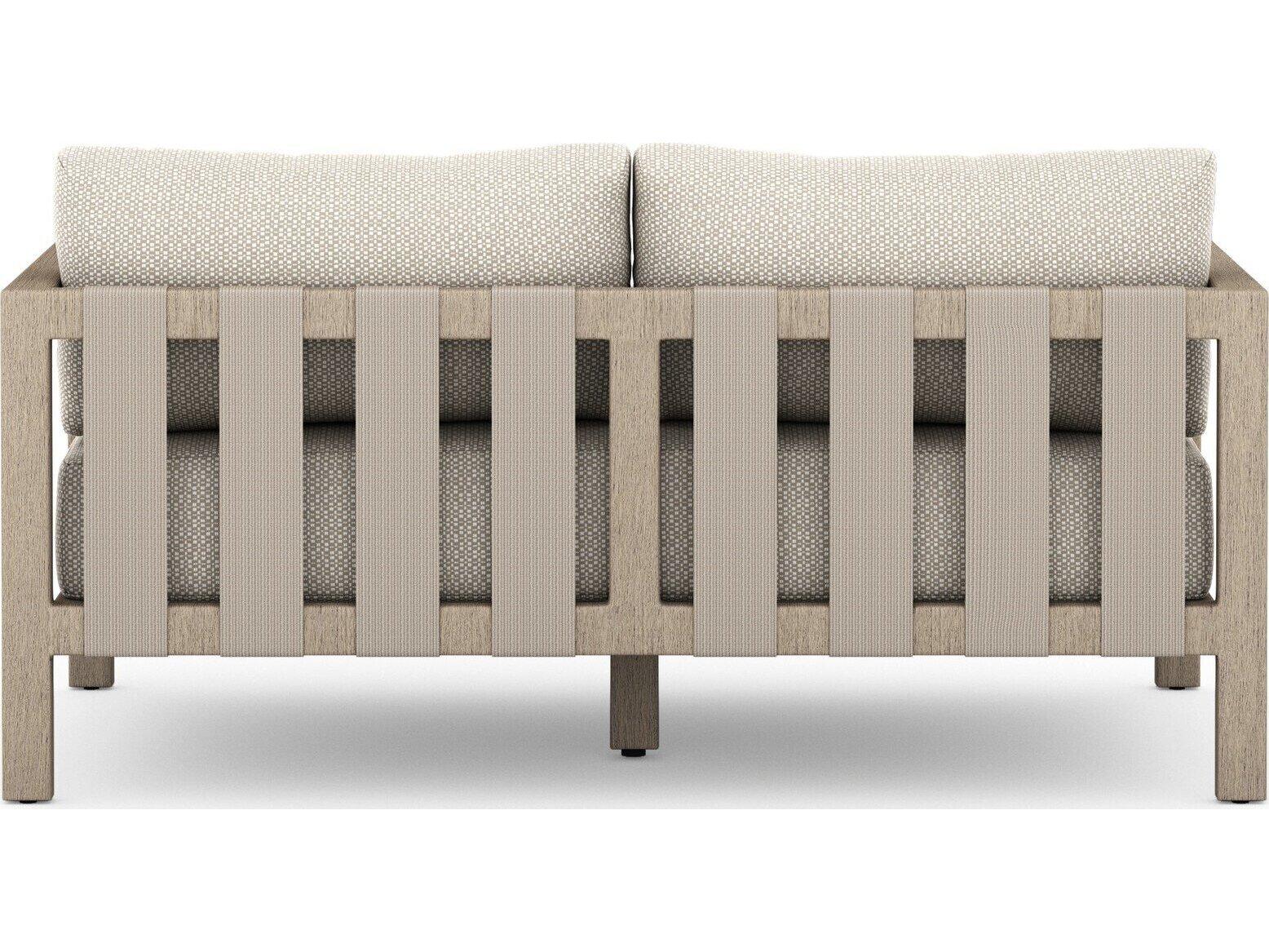 Four Hands Outdoor Solano Washed Brown Teak Loveseat with Faye Sand Cushion