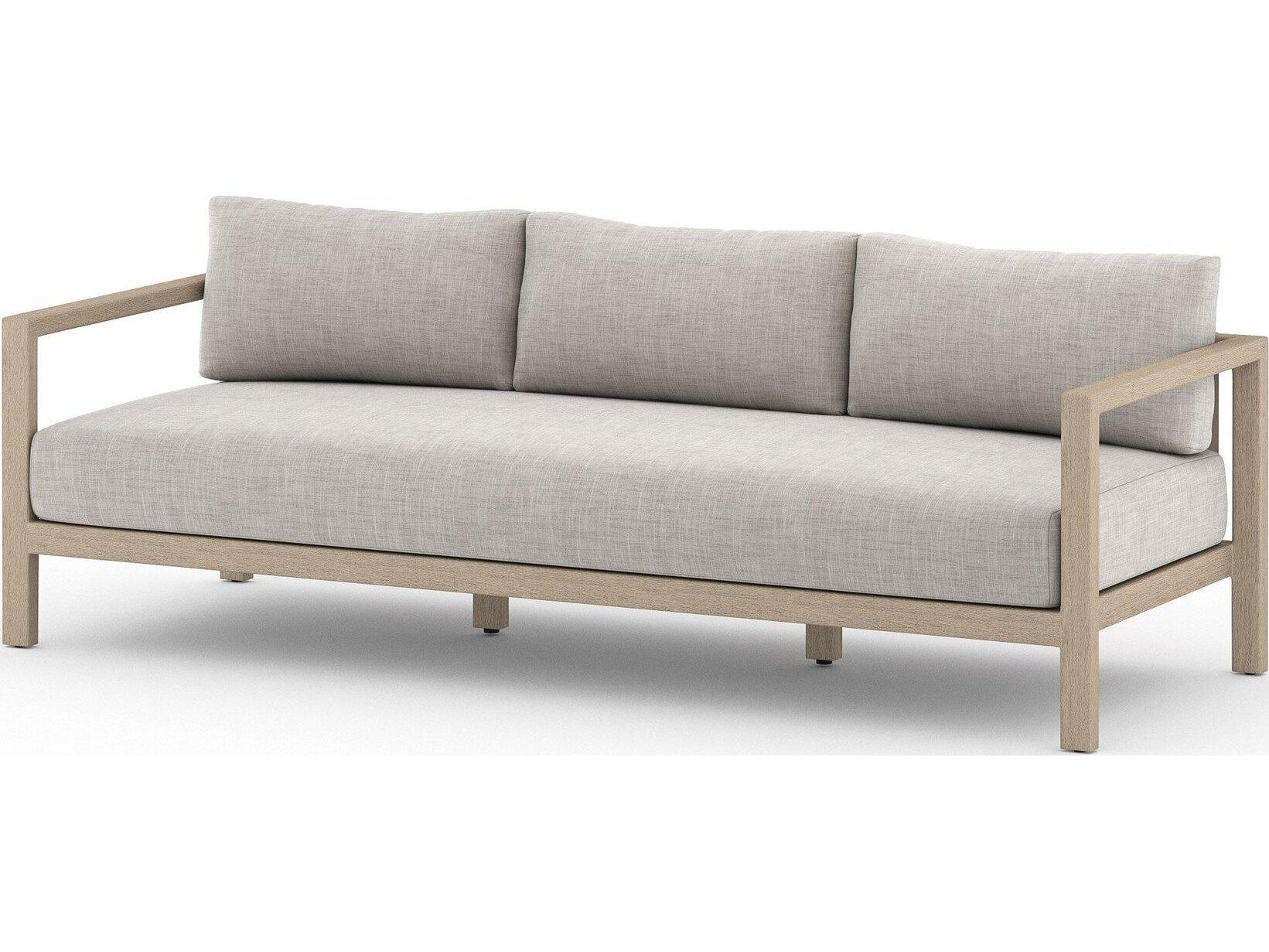 Four Hands Outdoor Solano Sonoma Washed Brown Teak Cushion 88" Sofa in Stone Grey