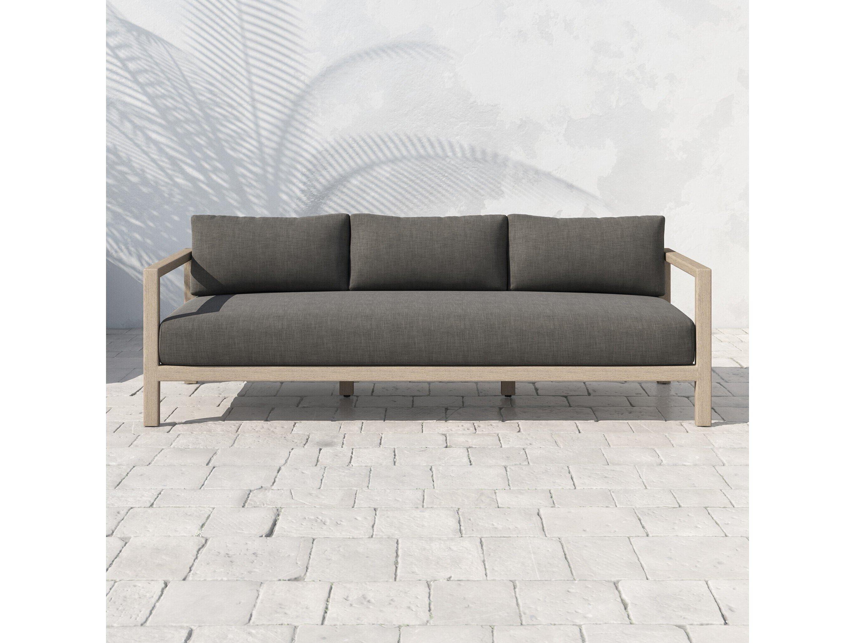 Four Hands Outdoor Solano Sonoma Washed Brown Teak Cushion 88" Sofa in Charcoal