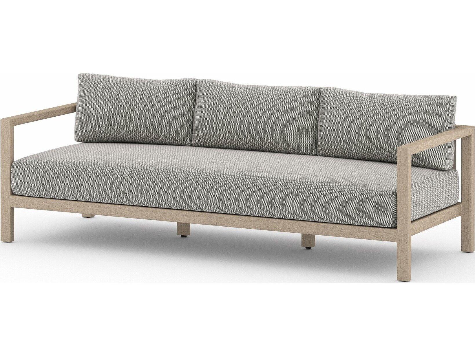 Four Hands Outdoor Solano Sonoma Washed Brown Teak Cushion 88" Sofa in Faye Ash