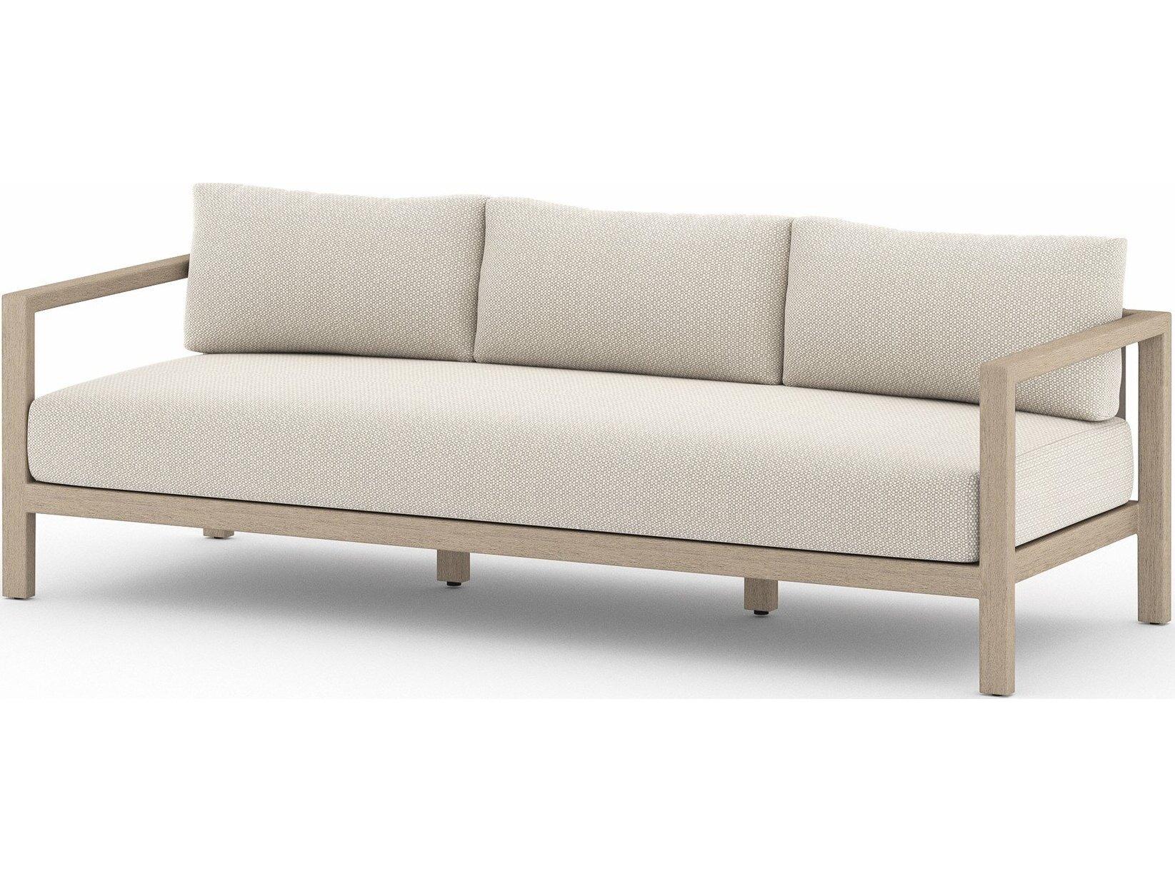 Four Hands Outdoor Solano Sonoma Washed Brown Teak Cushion 88" Sofa in Faye Sand