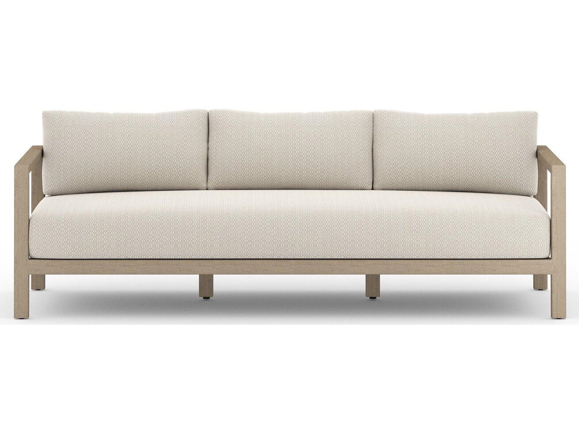 Four Hands Outdoor Solano Sonoma Washed Brown Teak Cushion 88" Sofa in Faye Sand