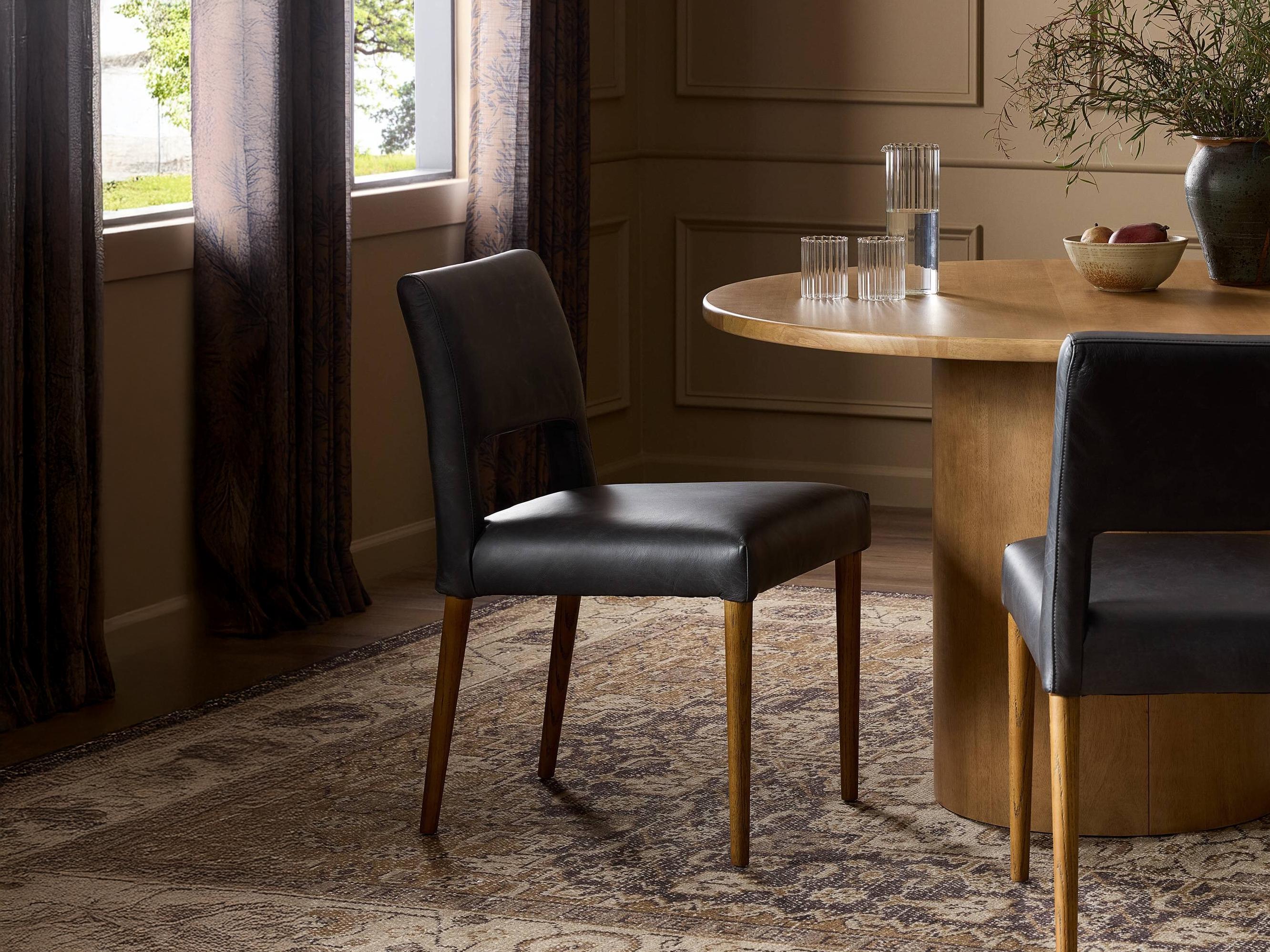 Four Hands Ashford Joseph Leather Solid Wood Black Upholstered Side Dining Chair