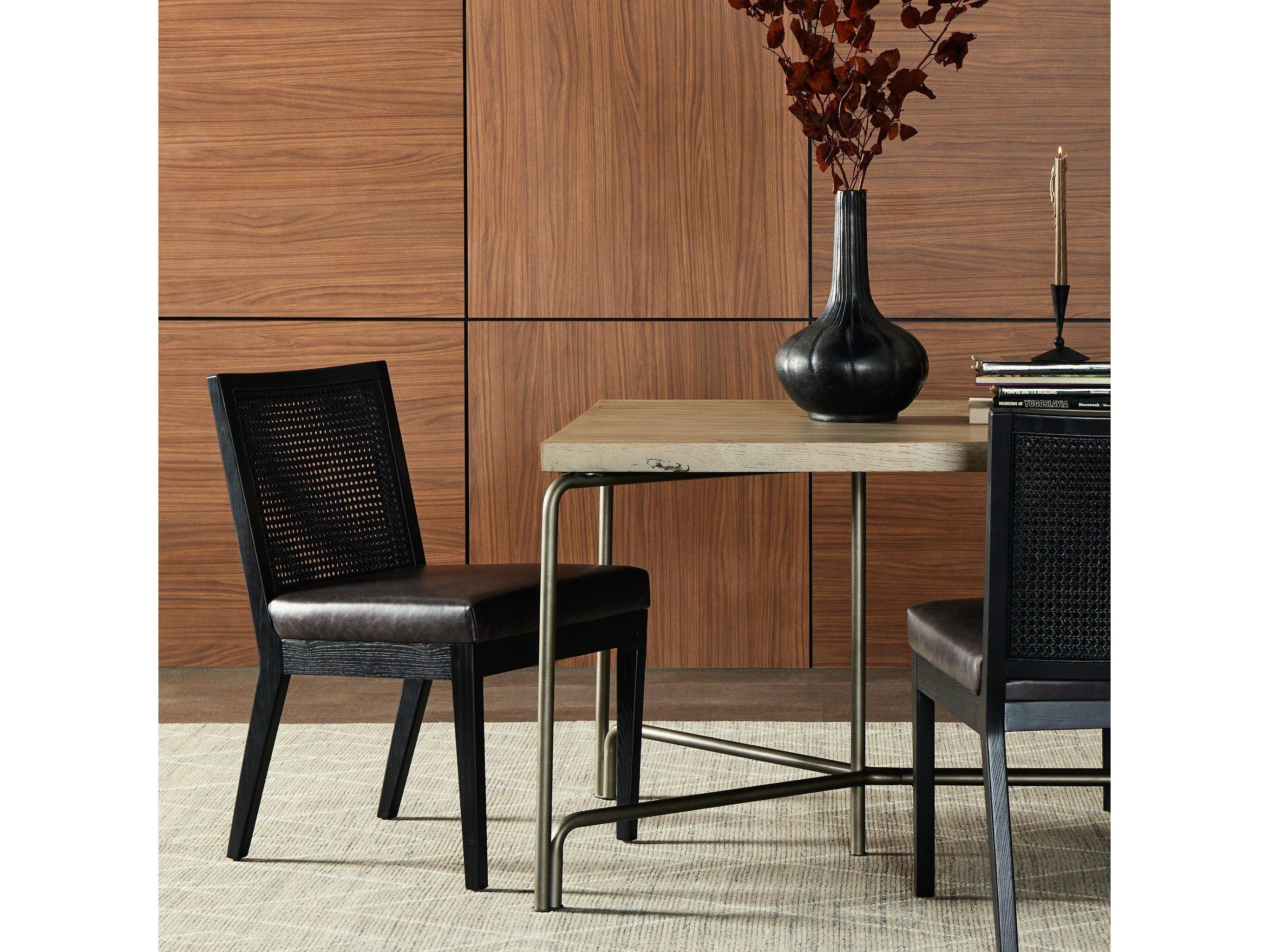 Four Hands Keston Antonia Sonoma Black Leather Cane Armless Dining Chair