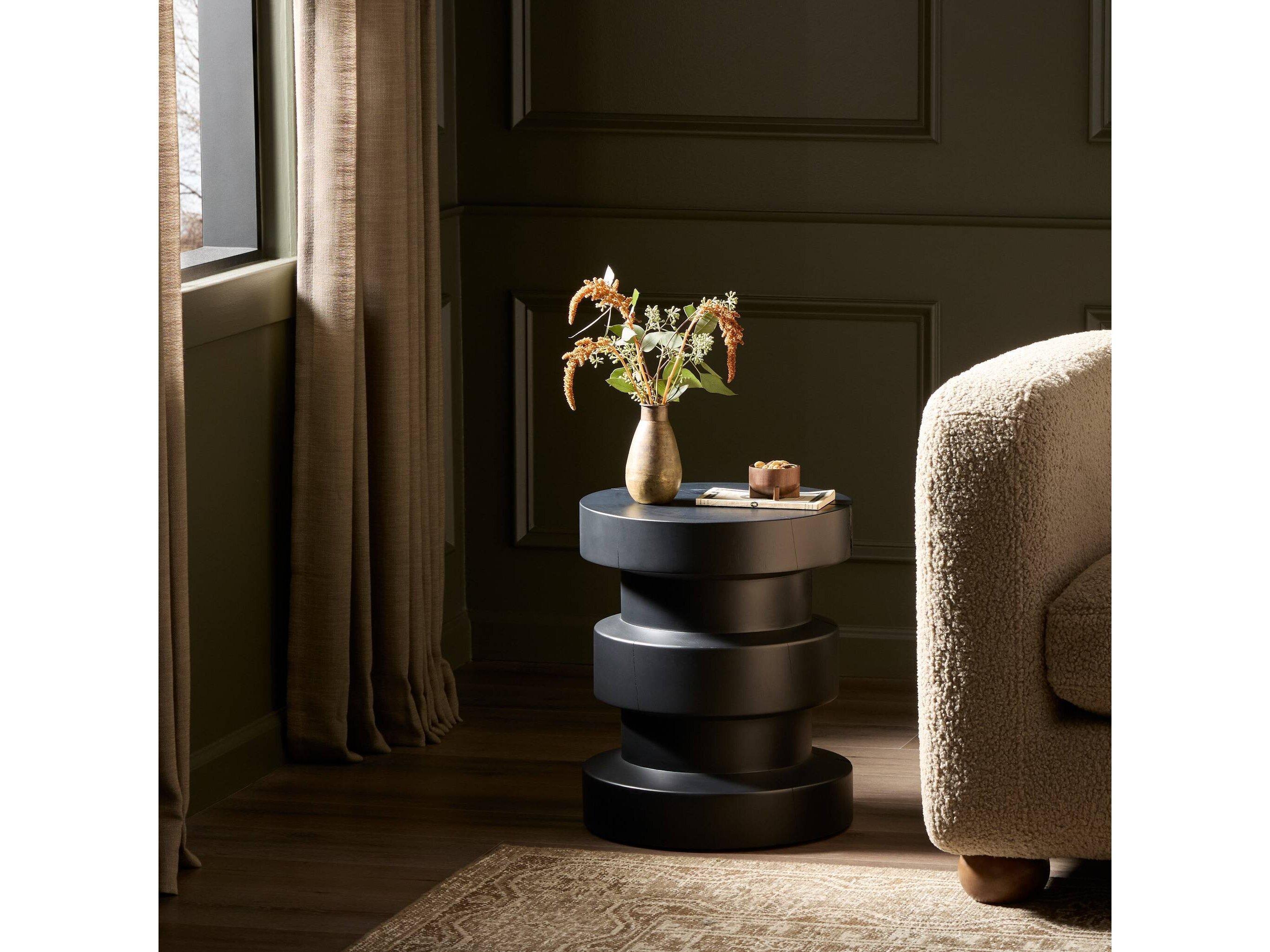 Four Hands Bishop Inez Round Wood Black Pine End Table