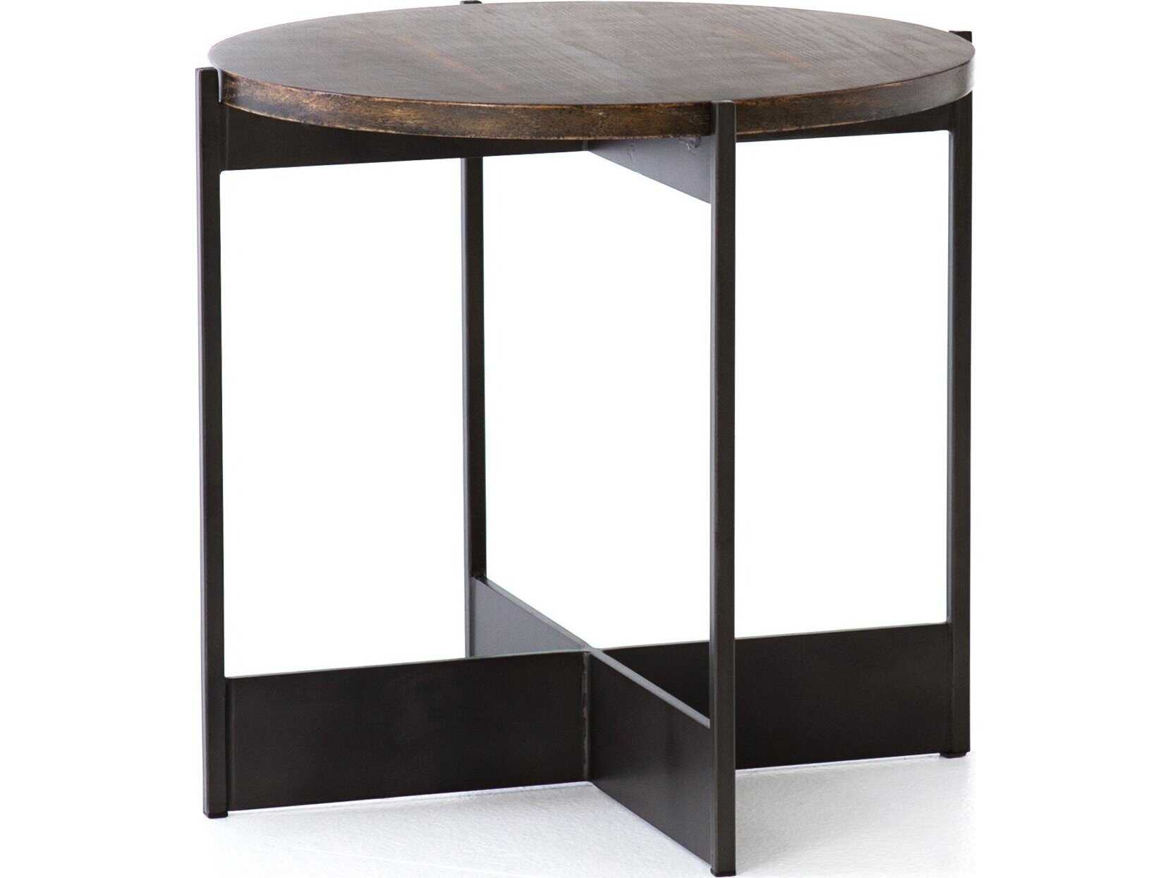 Four Hands Hughes Shannon Round Wood Smoke Grey English Brown Oak Veneer End Table