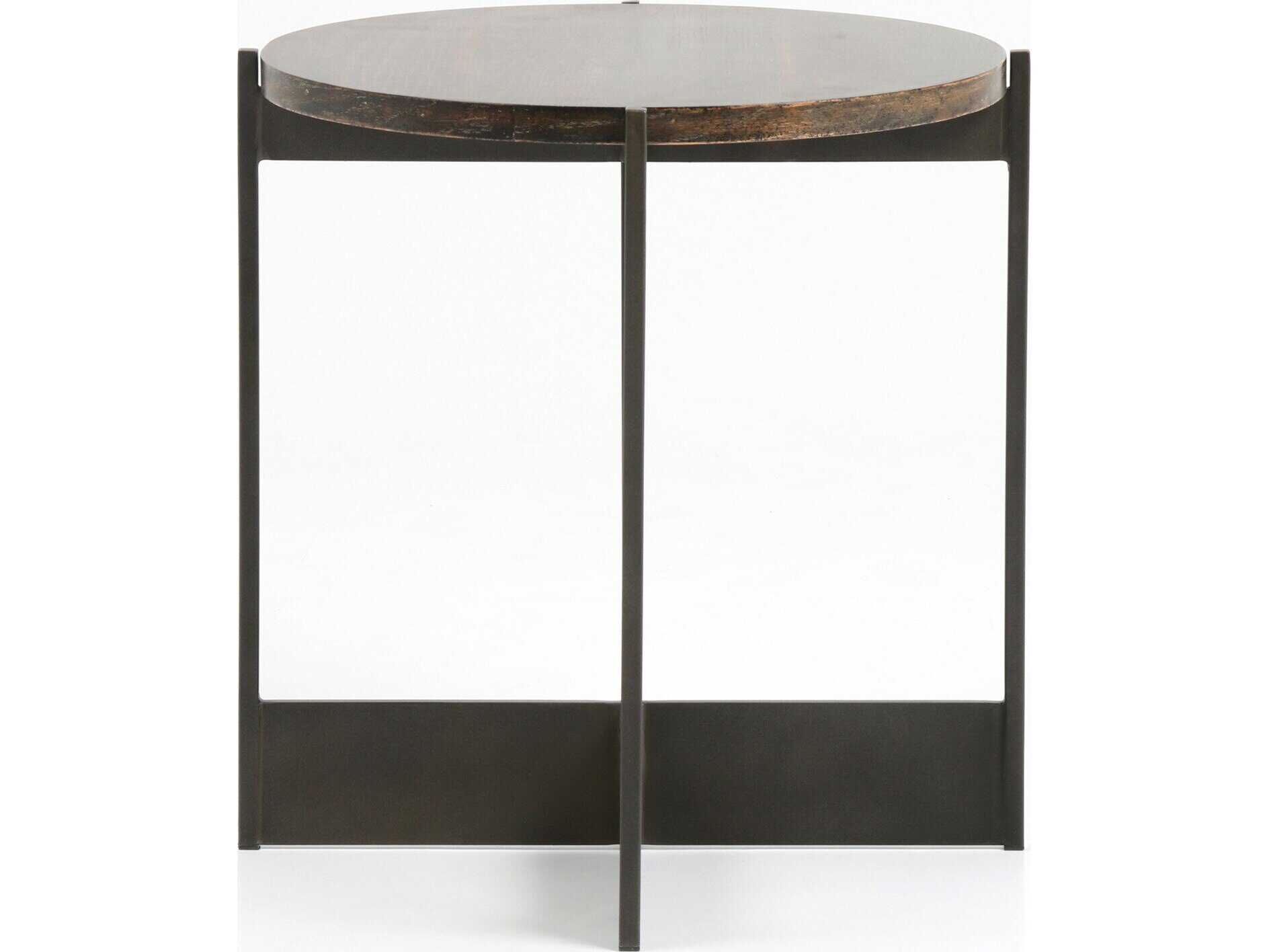 Four Hands Hughes Shannon Round Wood Smoke Grey English Brown Oak Veneer End Table
