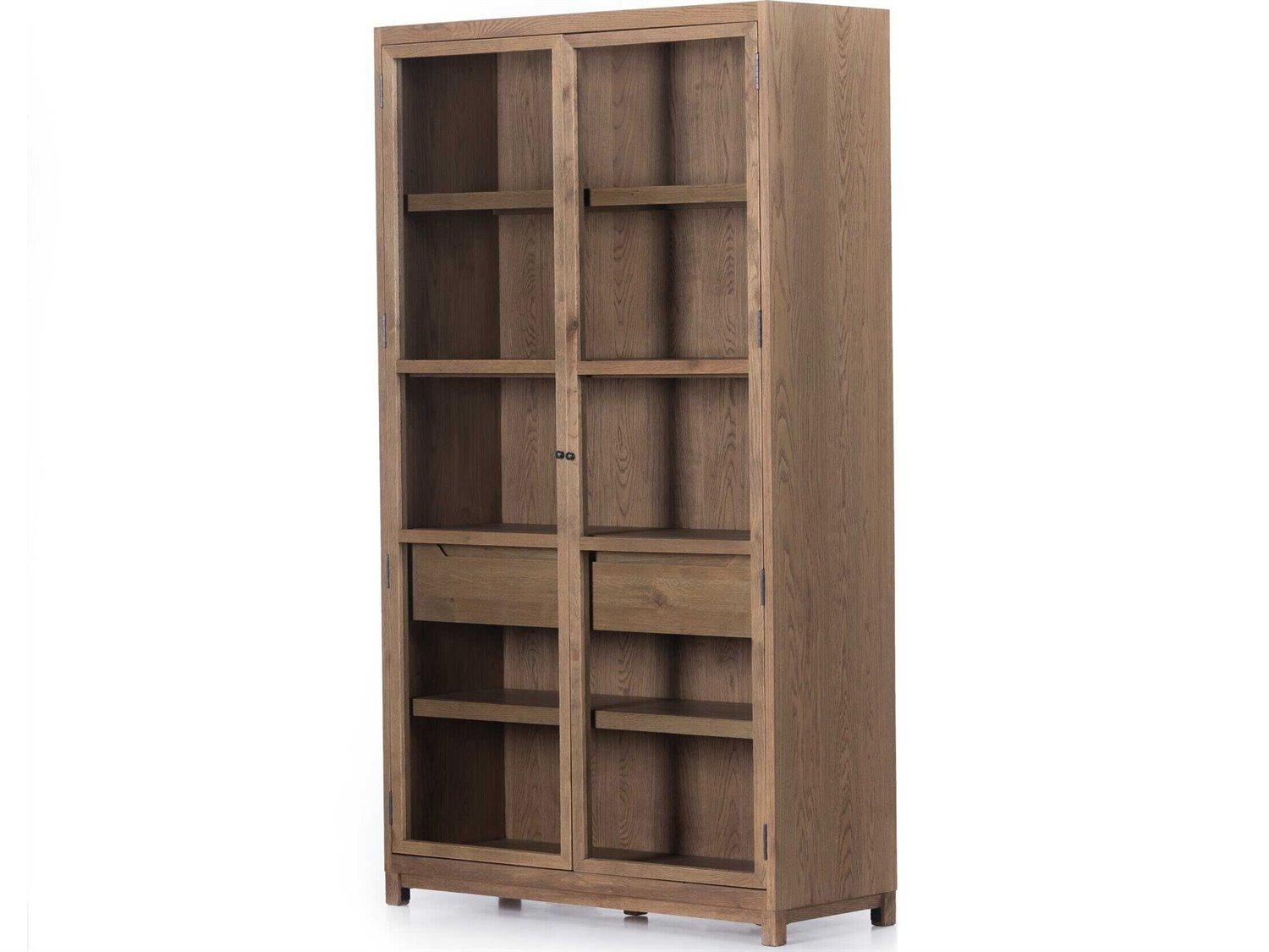 Four Hands Irondale Millie Oak Wood Tempered Glass Drifted Display Cabinet