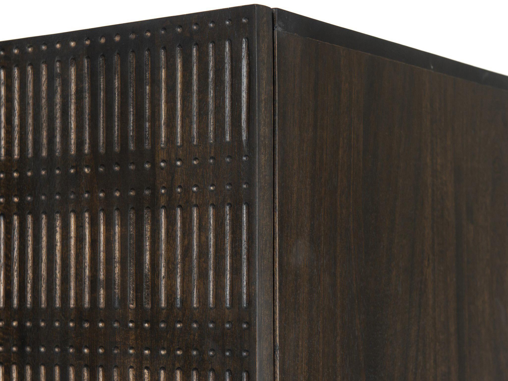 Four Hands Aiden Kelby Mango Wood Gunmetal Carved Vintage Brown Display Cabinet