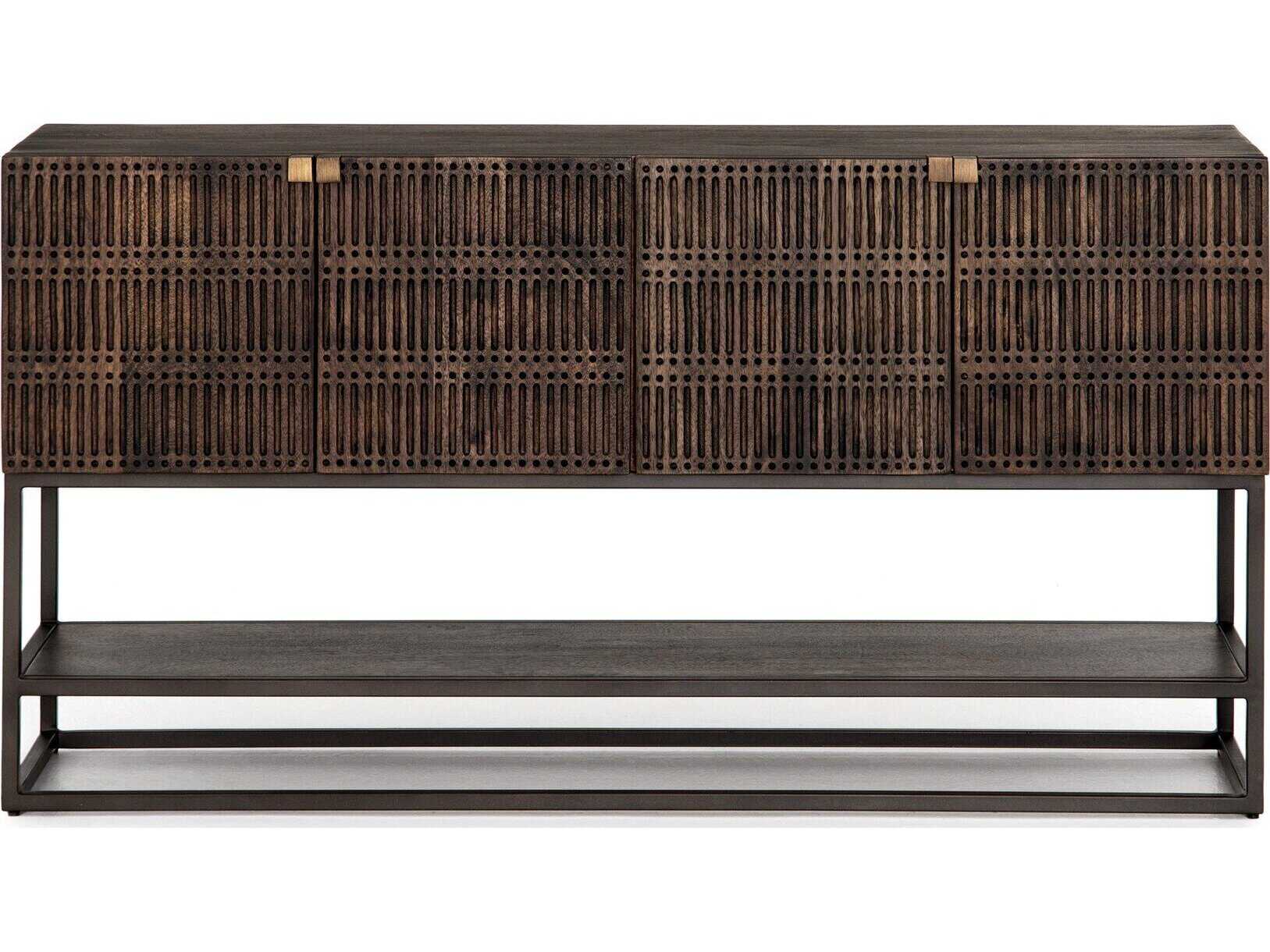 Four Hands Aiden Kelby Rectangular Wood Gunmetal Aged Brass Carved Vintage Brown Console Table