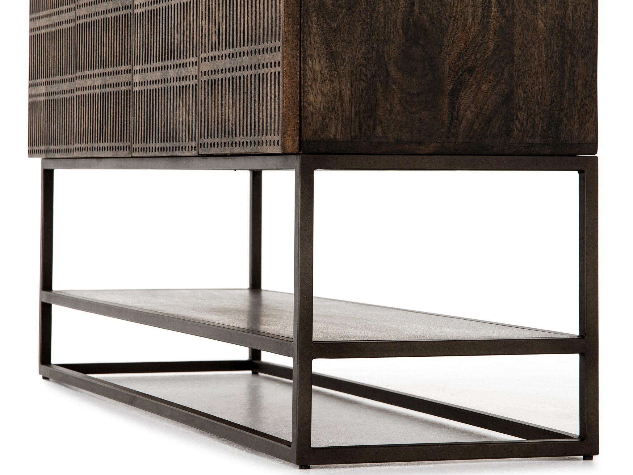 Four Hands Aiden Kelby Rectangular Wood Gunmetal Aged Brass Carved Vintage Brown Console Table