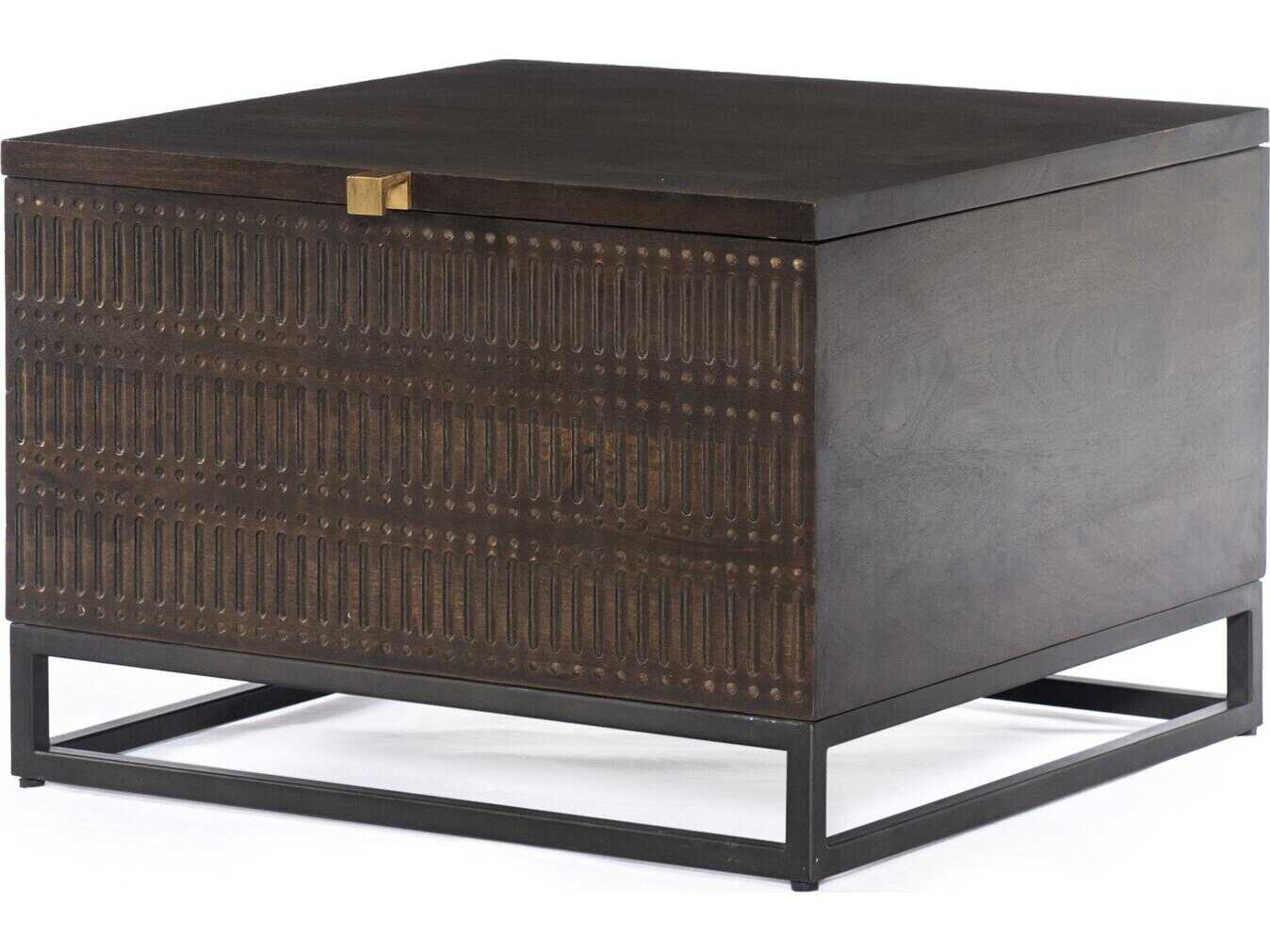 Four Hands Aiden Kelby Square Wood Gunmetal Carved Vintage Brown End Table