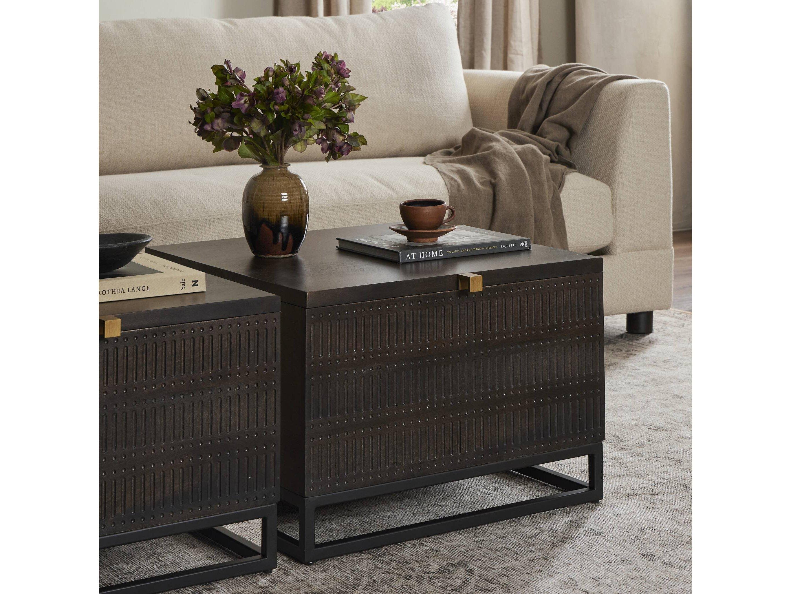 Four Hands Aiden Kelby Square Wood Gunmetal Carved Vintage Brown End Table