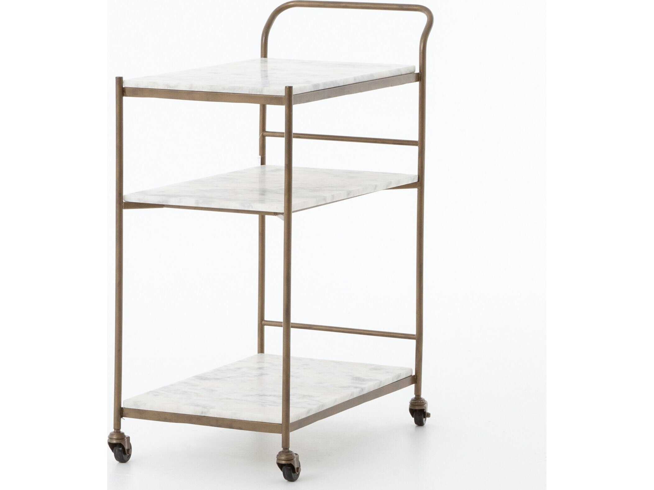 Four Hands Marlow Antique Brass White Marble Bar Cart