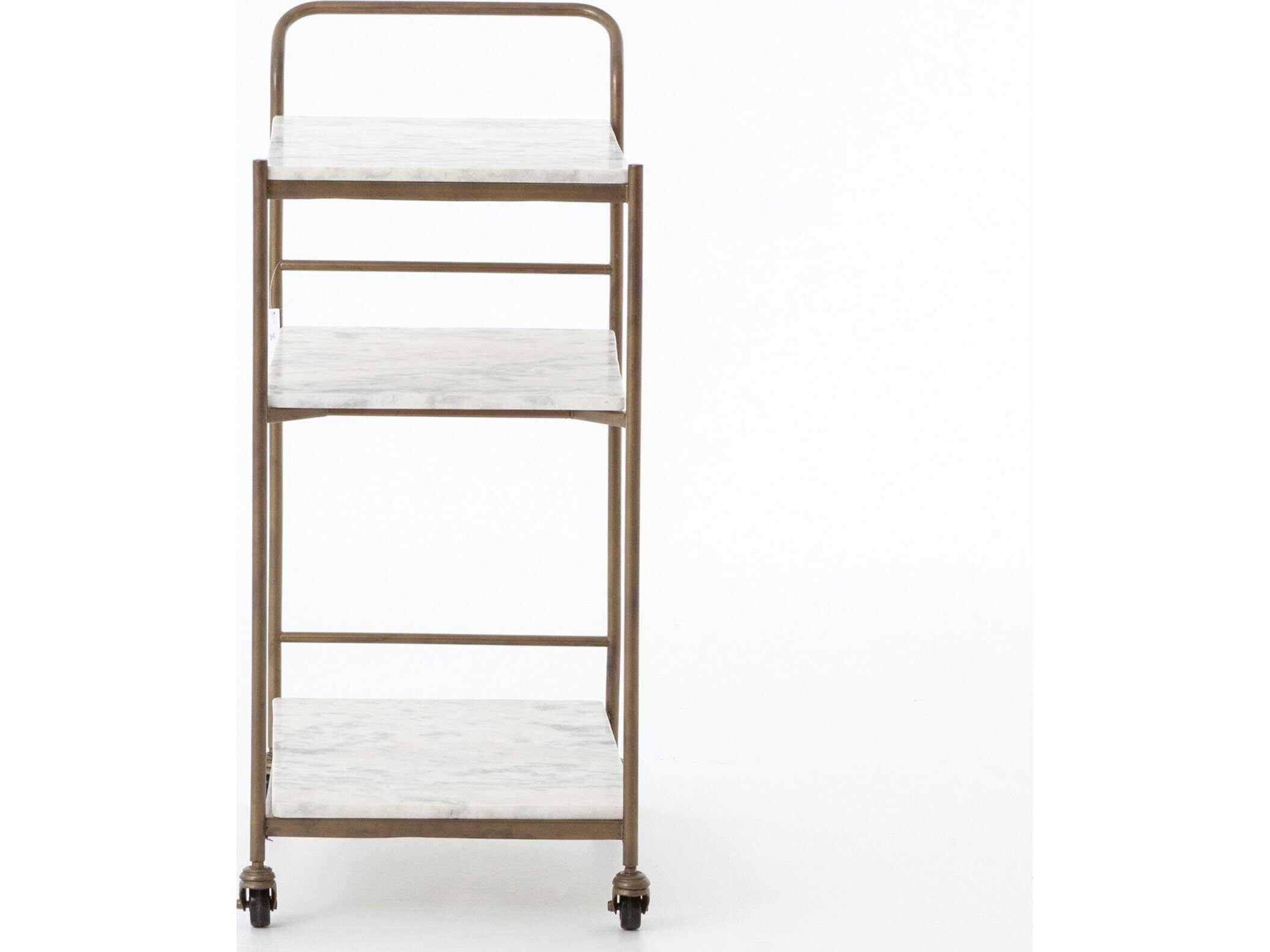 Four Hands Marlow Antique Brass White Marble Bar Cart
