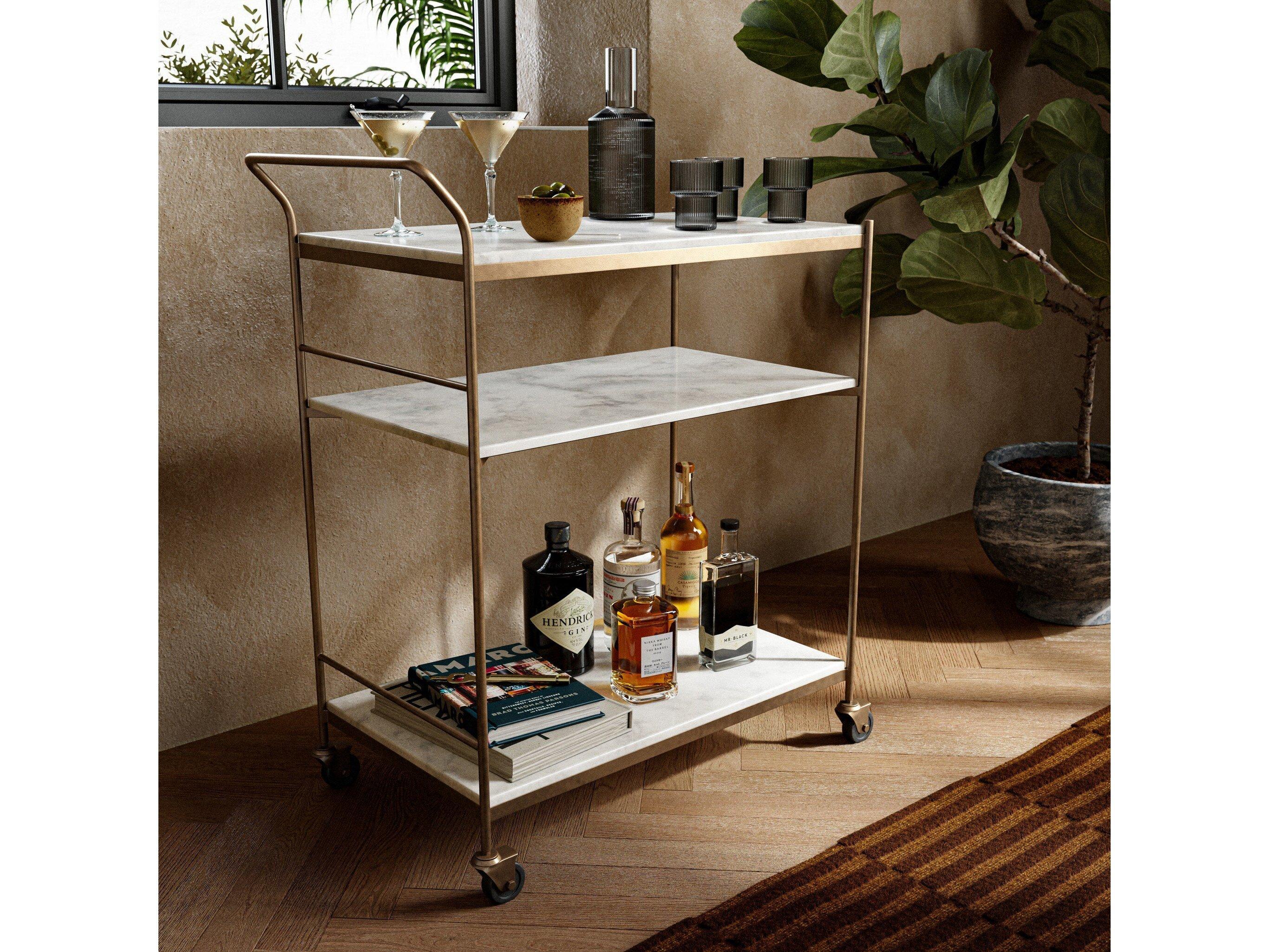 Four Hands Marlow Antique Brass White Marble Bar Cart