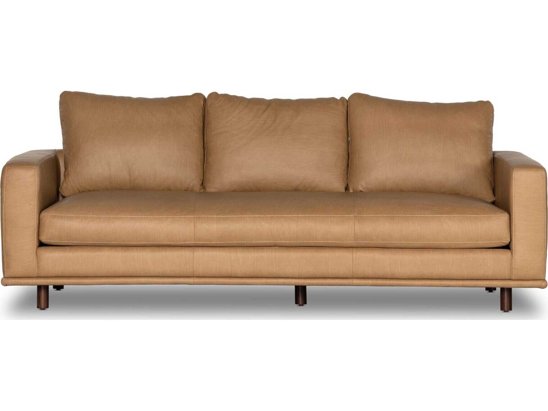Four Hands Centrale Dom Dark Aubrun Walnut Nantucket Taupe Brown Leather Sofa