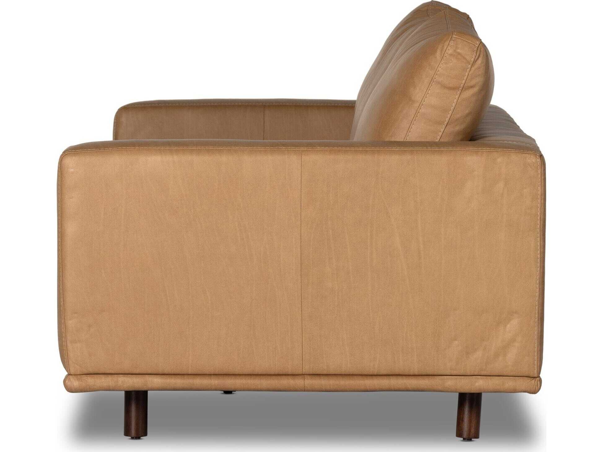 Four Hands Centrale Dom Dark Aubrun Walnut Nantucket Taupe Brown Leather Sofa