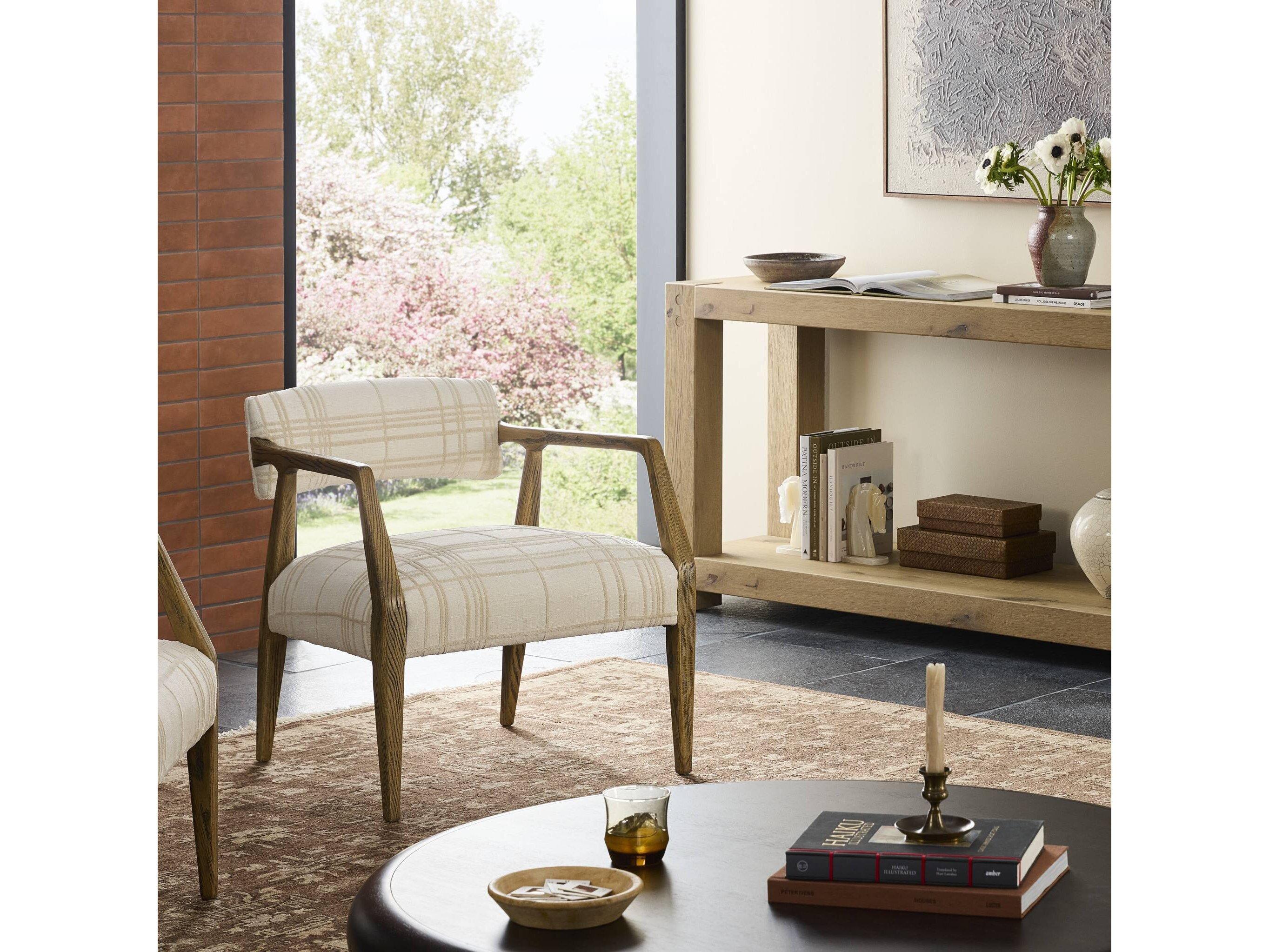 Four Hands Abbott Tyler Oak Wood Beige Upholstered Arm Dining Chair