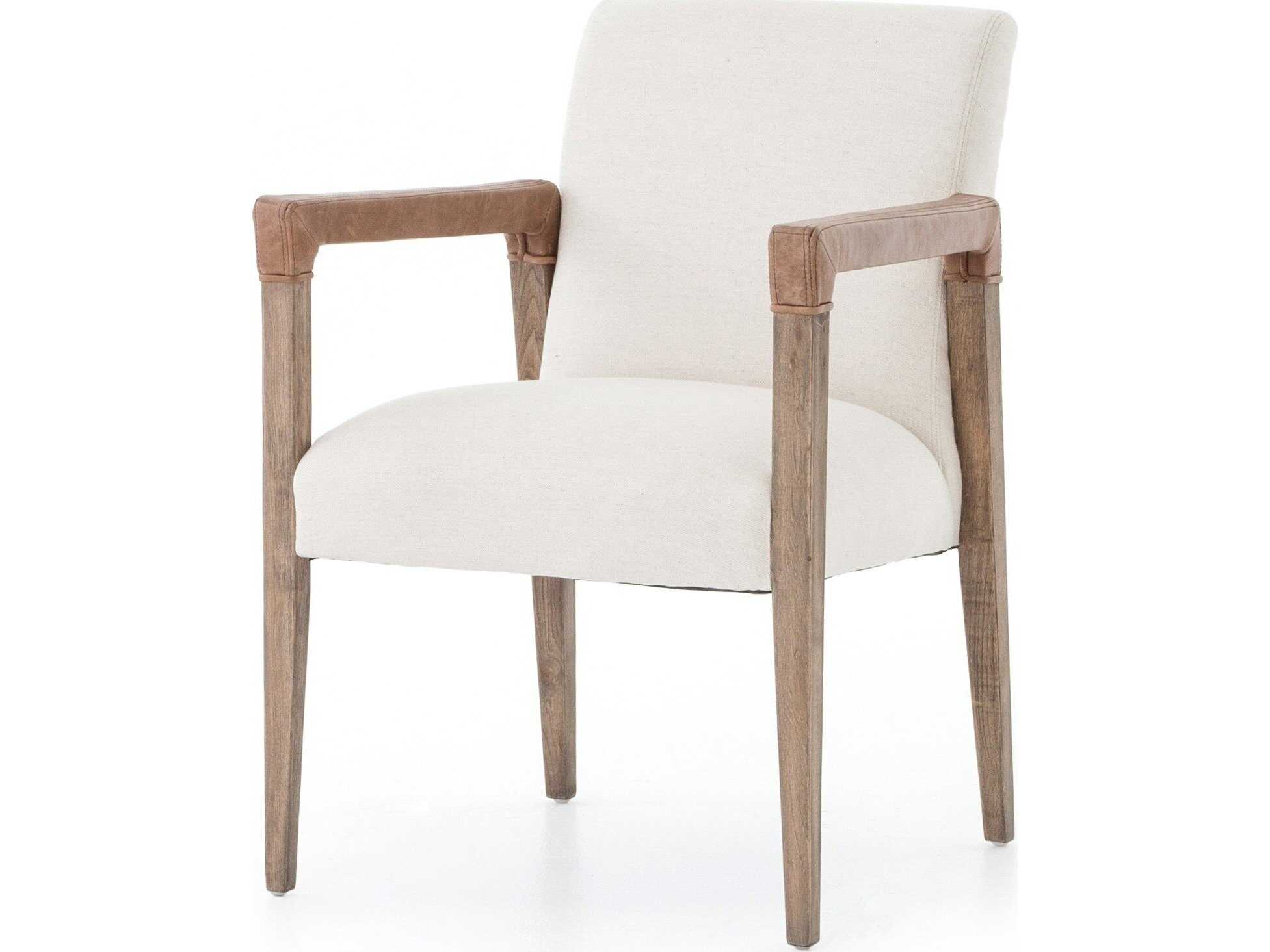 Four Hands Abbott Reuben Leather Solid Wood White Upholstered Arm Dining Chair