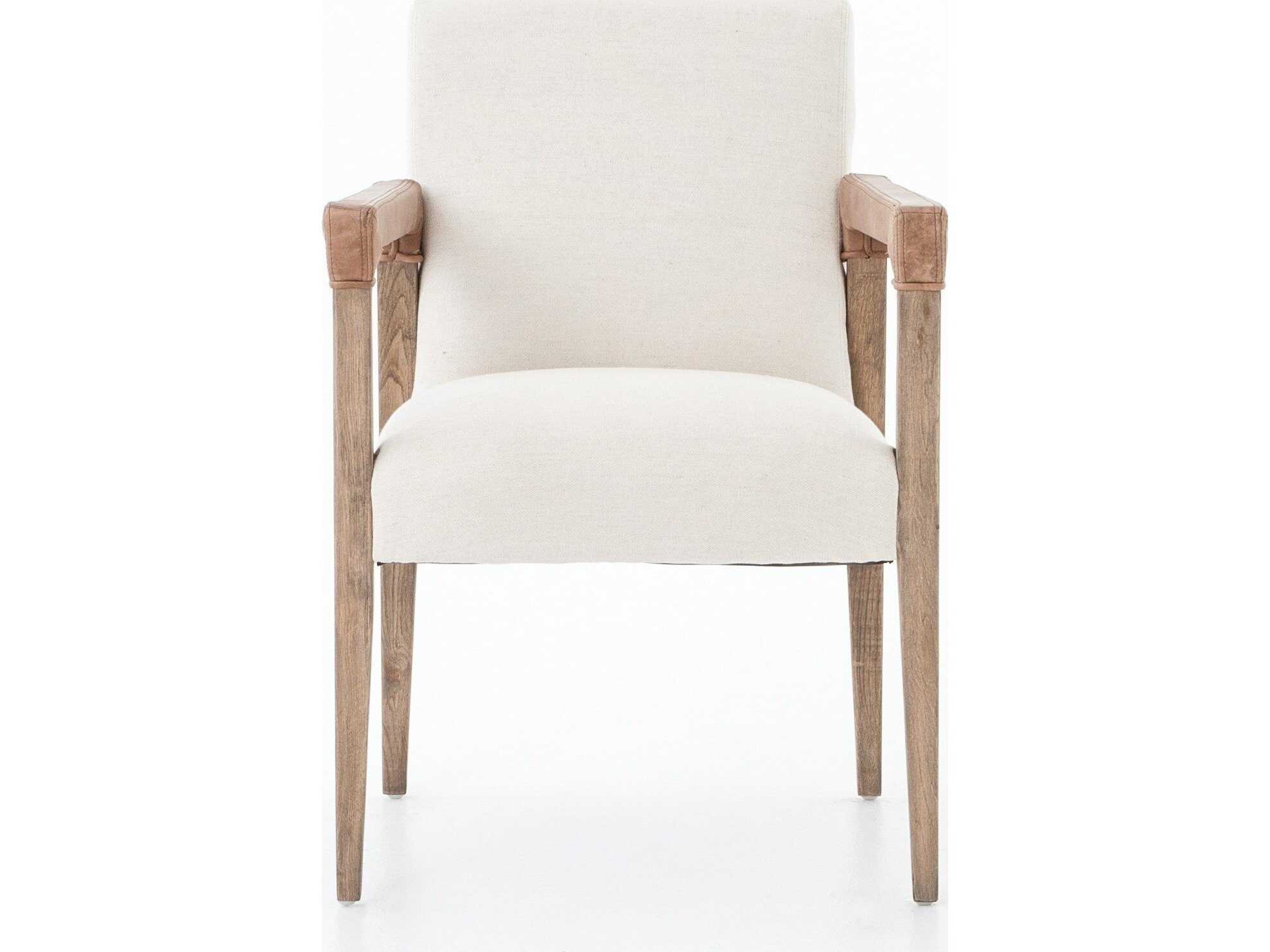 Four Hands Abbott Reuben Leather Solid Wood White Upholstered Arm Dining Chair