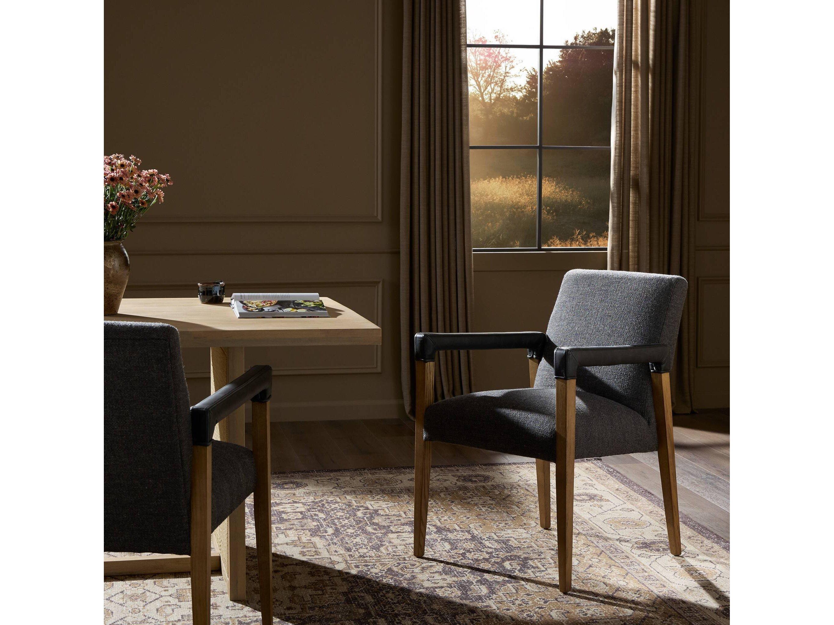 Four Hands Abbott Reuben Oak Wood Gray Upholstered Arm Dining Chair