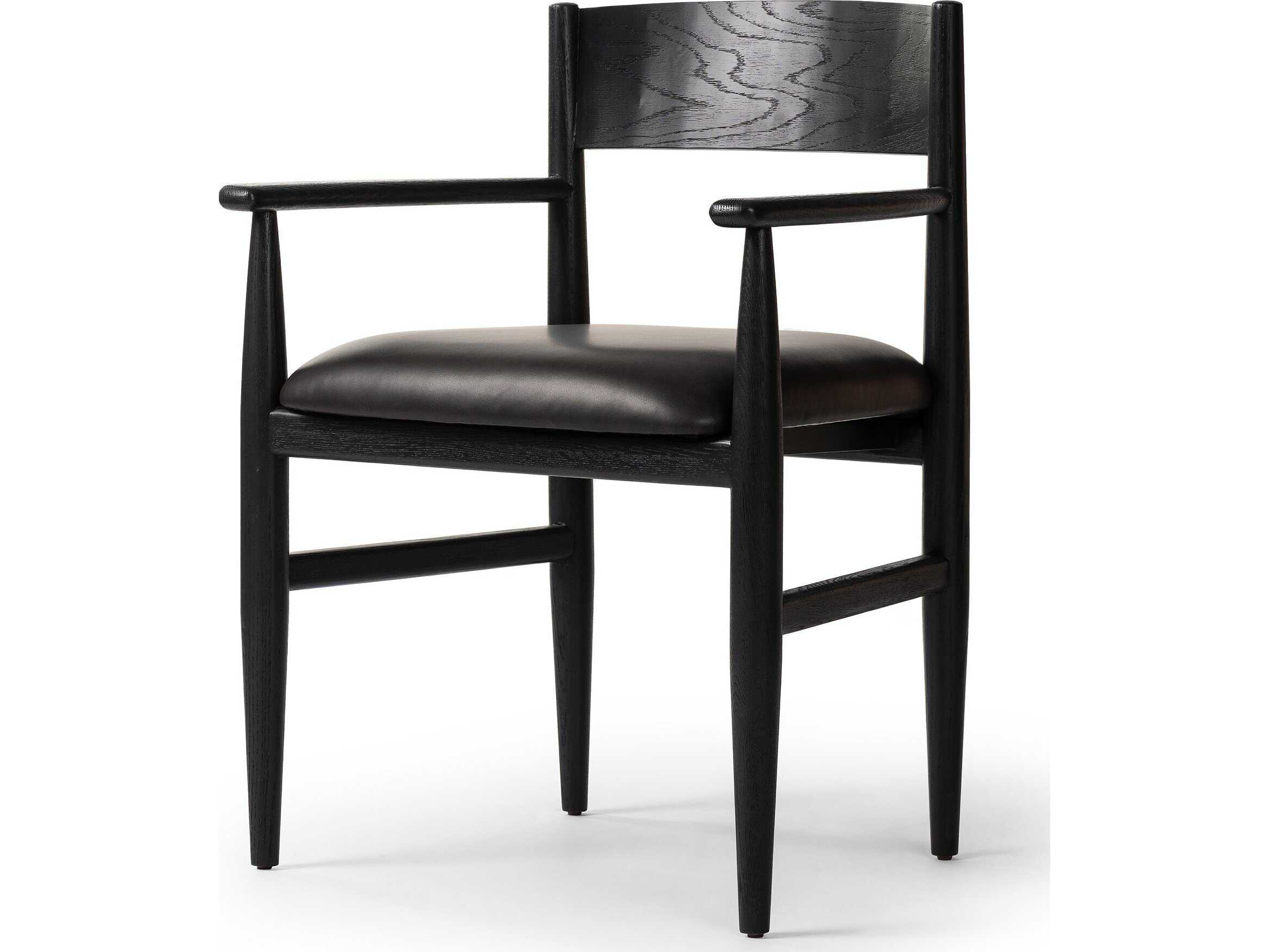 Four Hands Ashford Oak Wood Black Faux Leather Arm Dining Chair