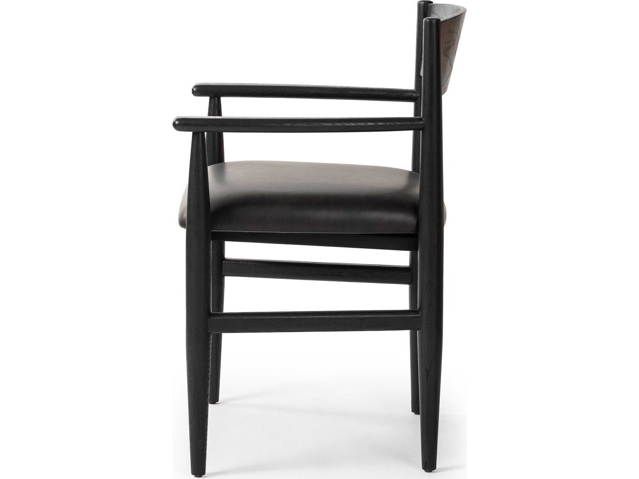 Four Hands Ashford Oak Wood Black Faux Leather Arm Dining Chair