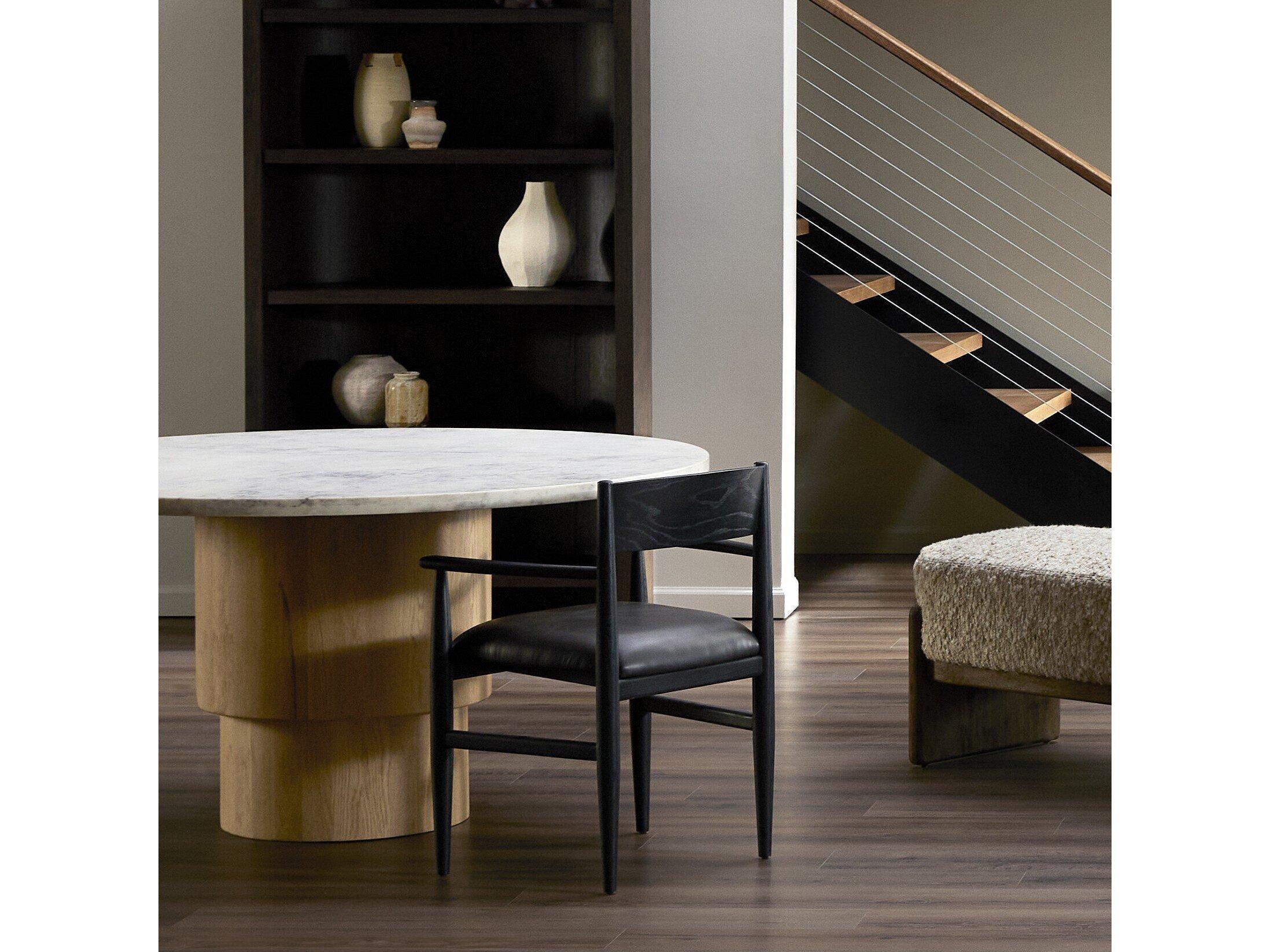 Four Hands Ashford Oak Wood Black Faux Leather Arm Dining Chair