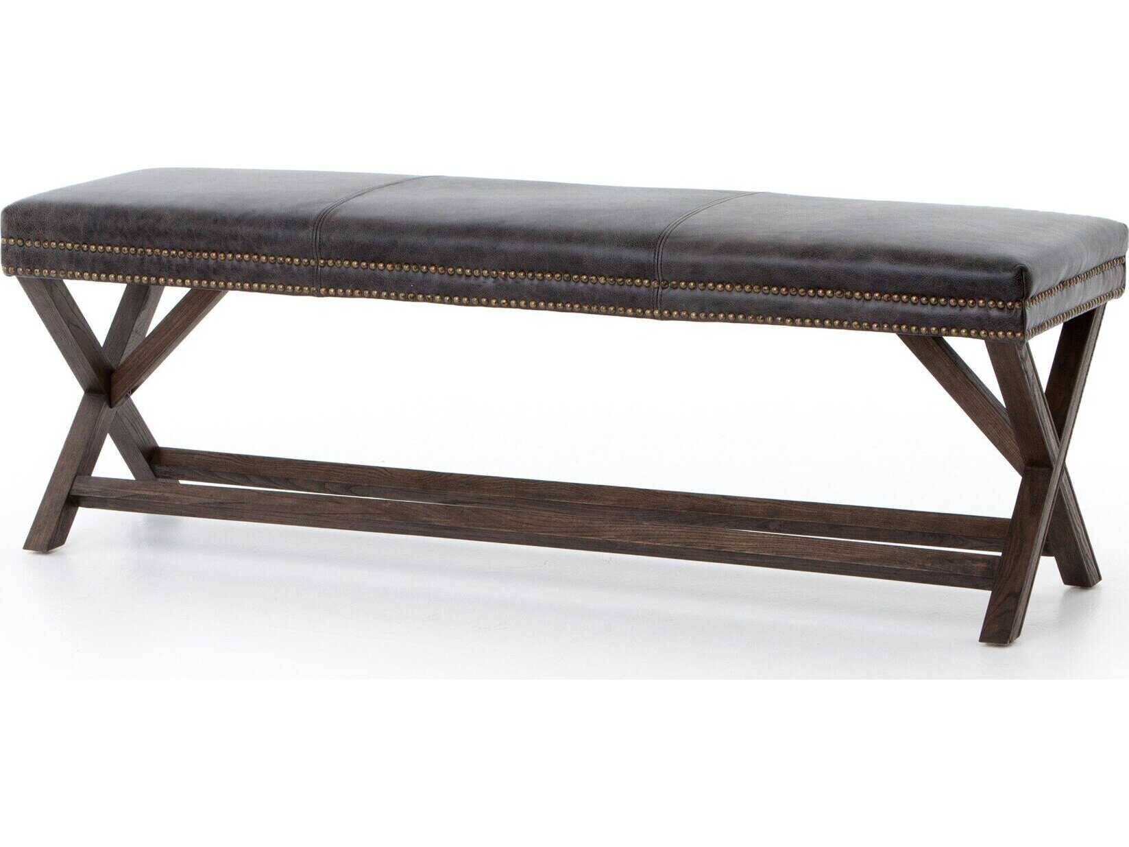 Four Hands Ashford Warm Nettlewood Durango Smoke Brass Gray Leather Accent Bench