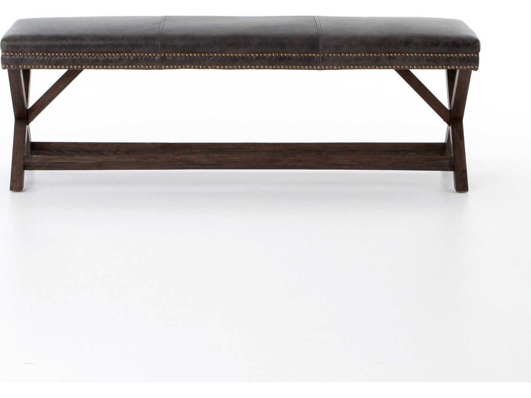 Four Hands Ashford Warm Nettlewood Durango Smoke Brass Gray Leather Accent Bench