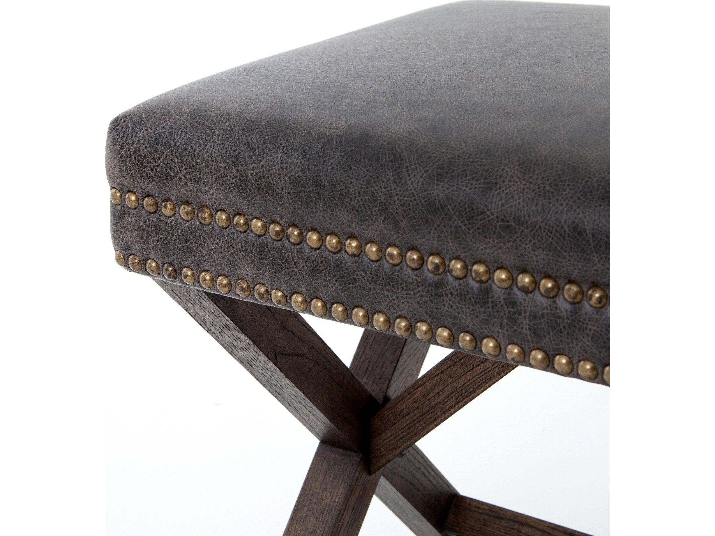 Four Hands Ashford Warm Nettlewood Durango Smoke Brass Gray Leather Accent Bench