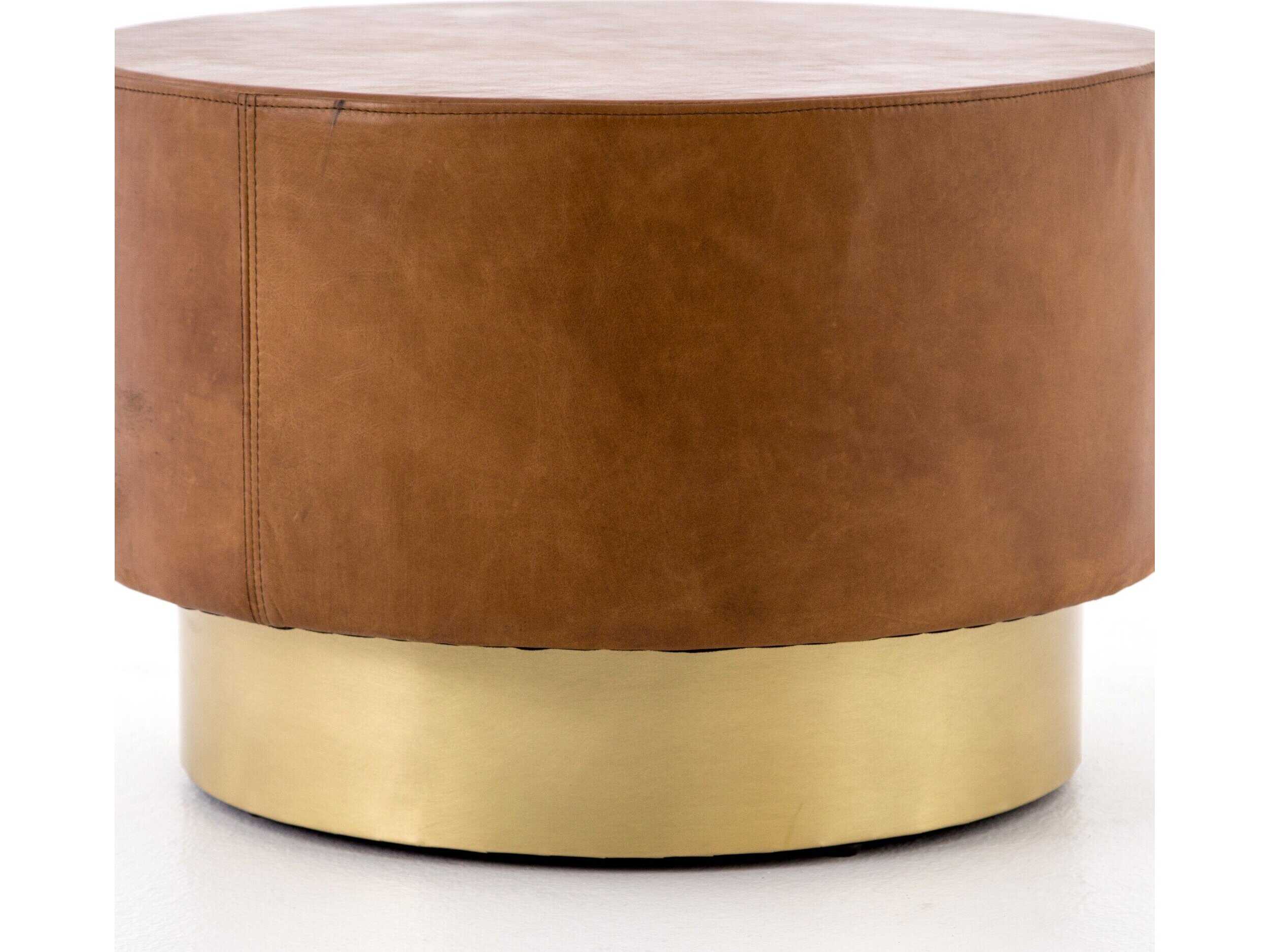 Four Hands Bishop Flint Patina Copper Bright Brass Brown Leather Ottoman