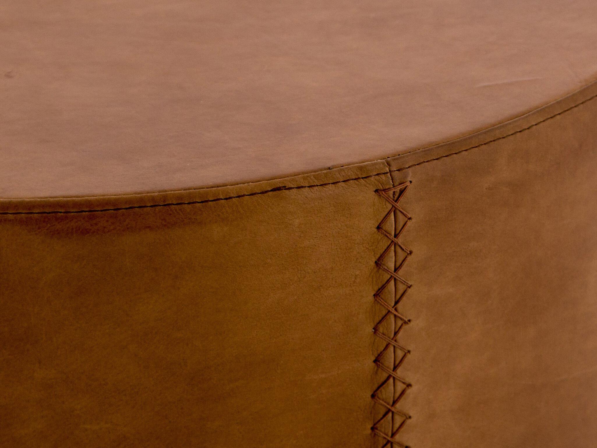 Four Hands Bishop Flint Patina Copper Bright Brass Brown Leather Ottoman