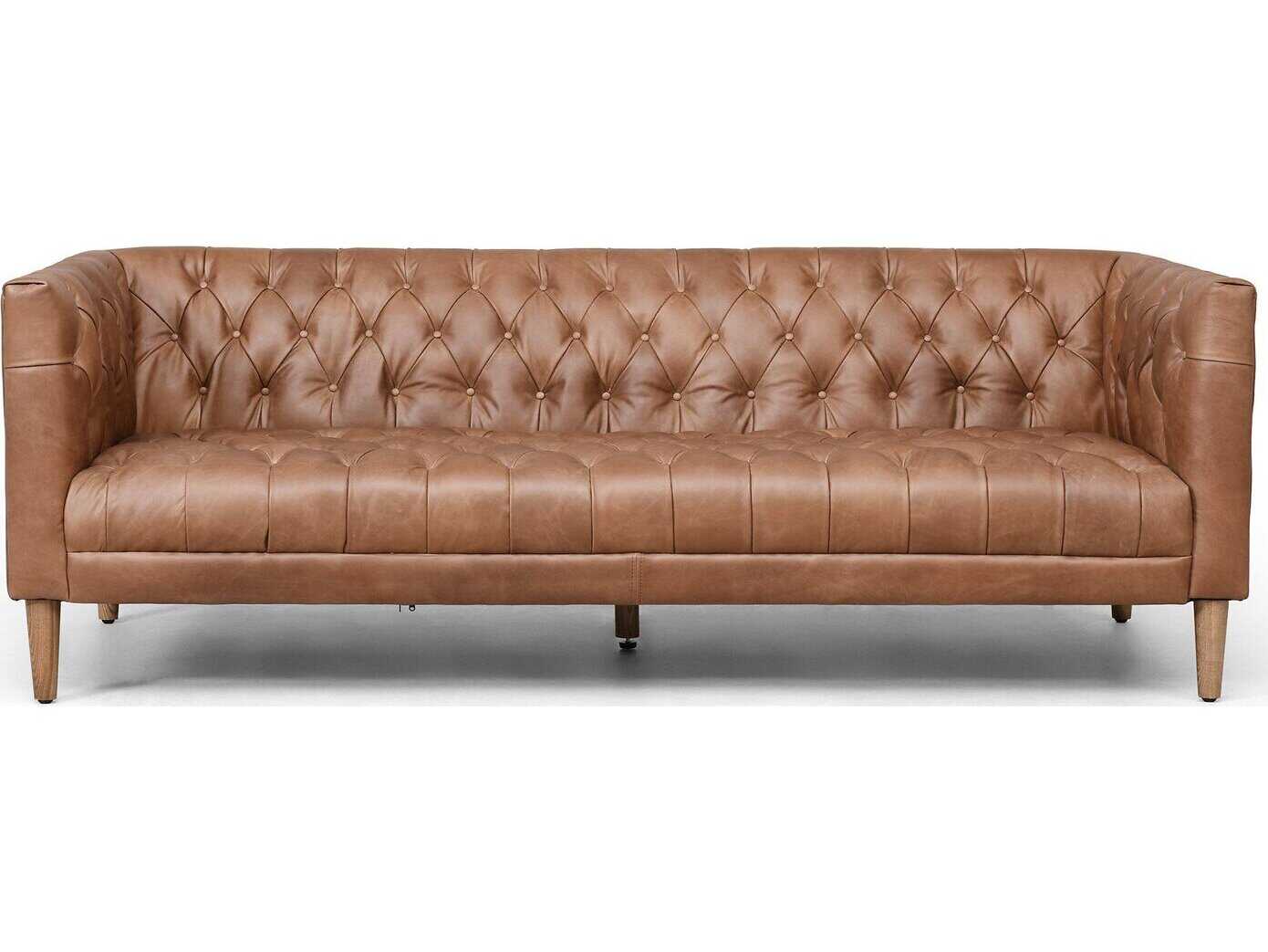 Four Hands Carnegie Natural Washed Chocolate Weathered Oak Brown Leather Loveseat