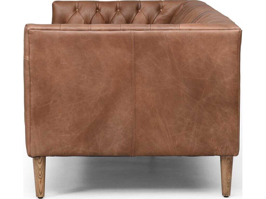 Four Hands Carnegie Natural Washed Chocolate Weathered Oak Brown Leather Loveseat