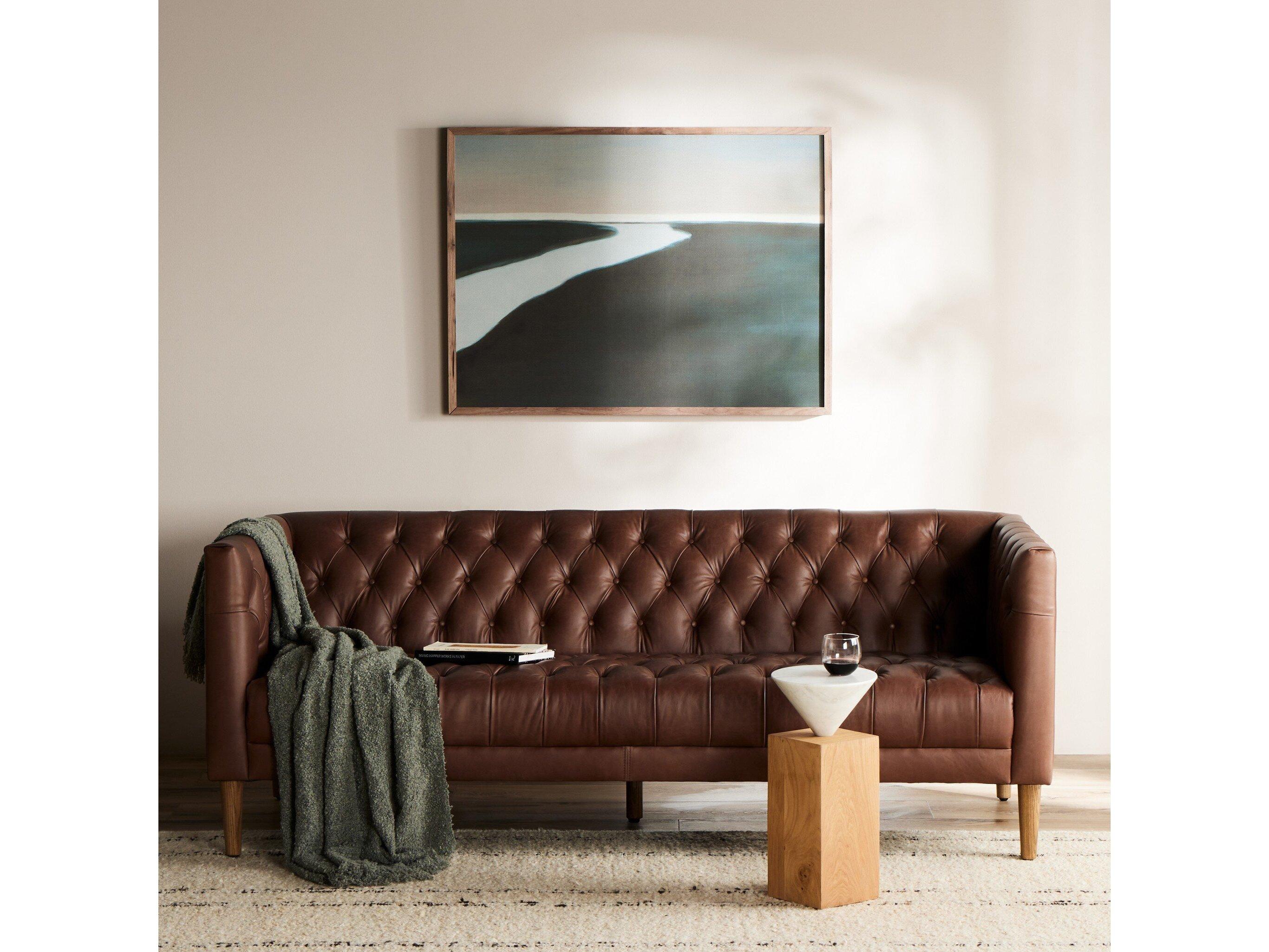 Four Hands Carnegie Natural Washed Chocolate Weathered Oak Brown Leather Loveseat