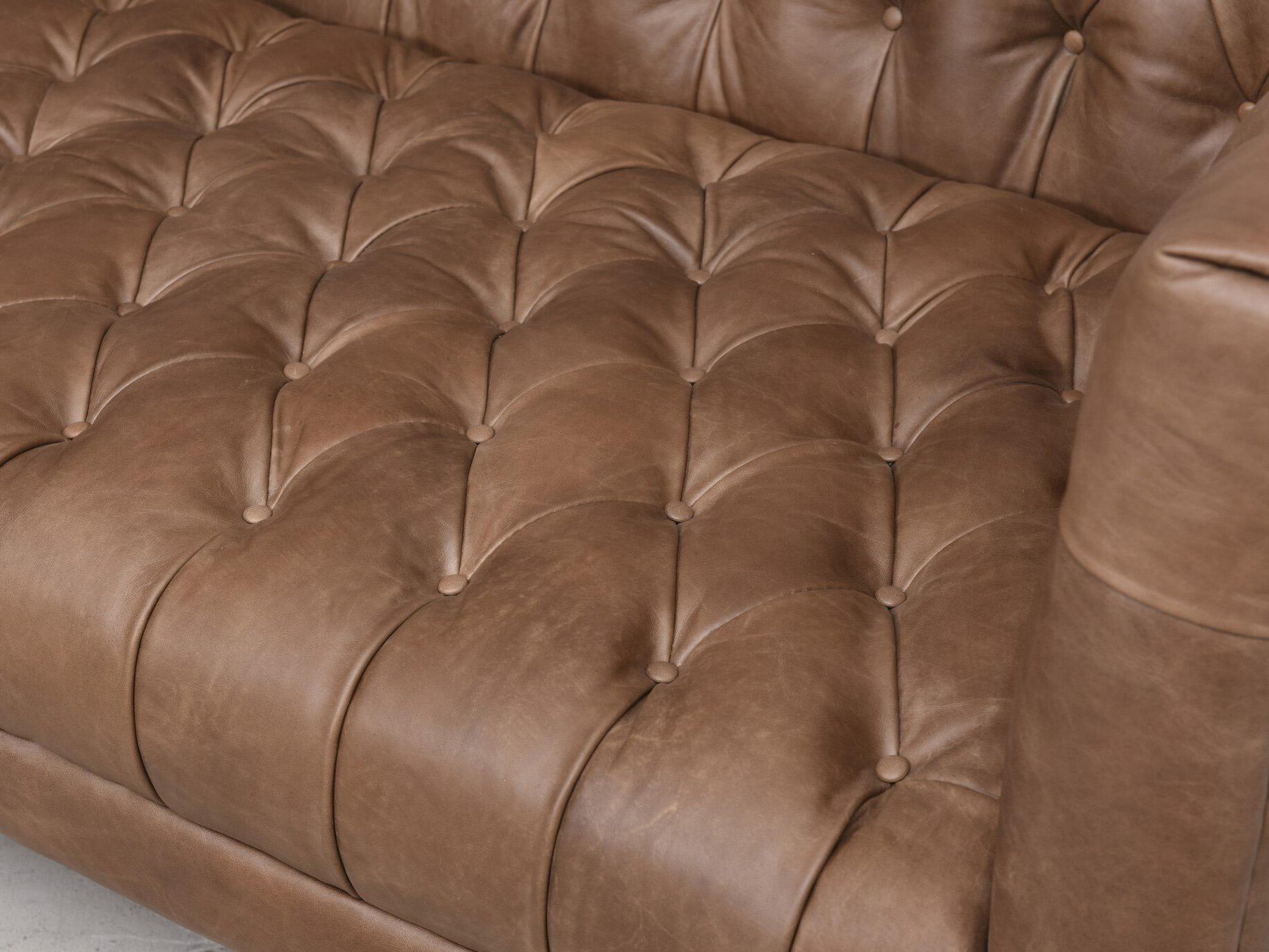 Four Hands Carnegie Natural Washed Chocolate Weathered Oak Brown Leather Loveseat