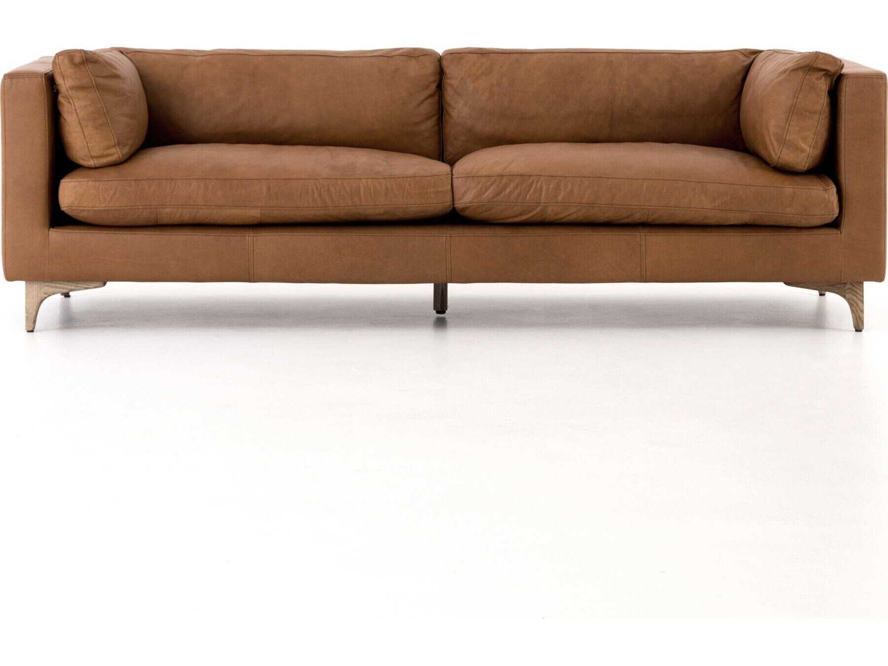 Four Hands Carnegie Beckwith Natural Washed Camel Weathered Ash Brown Leather Sofa