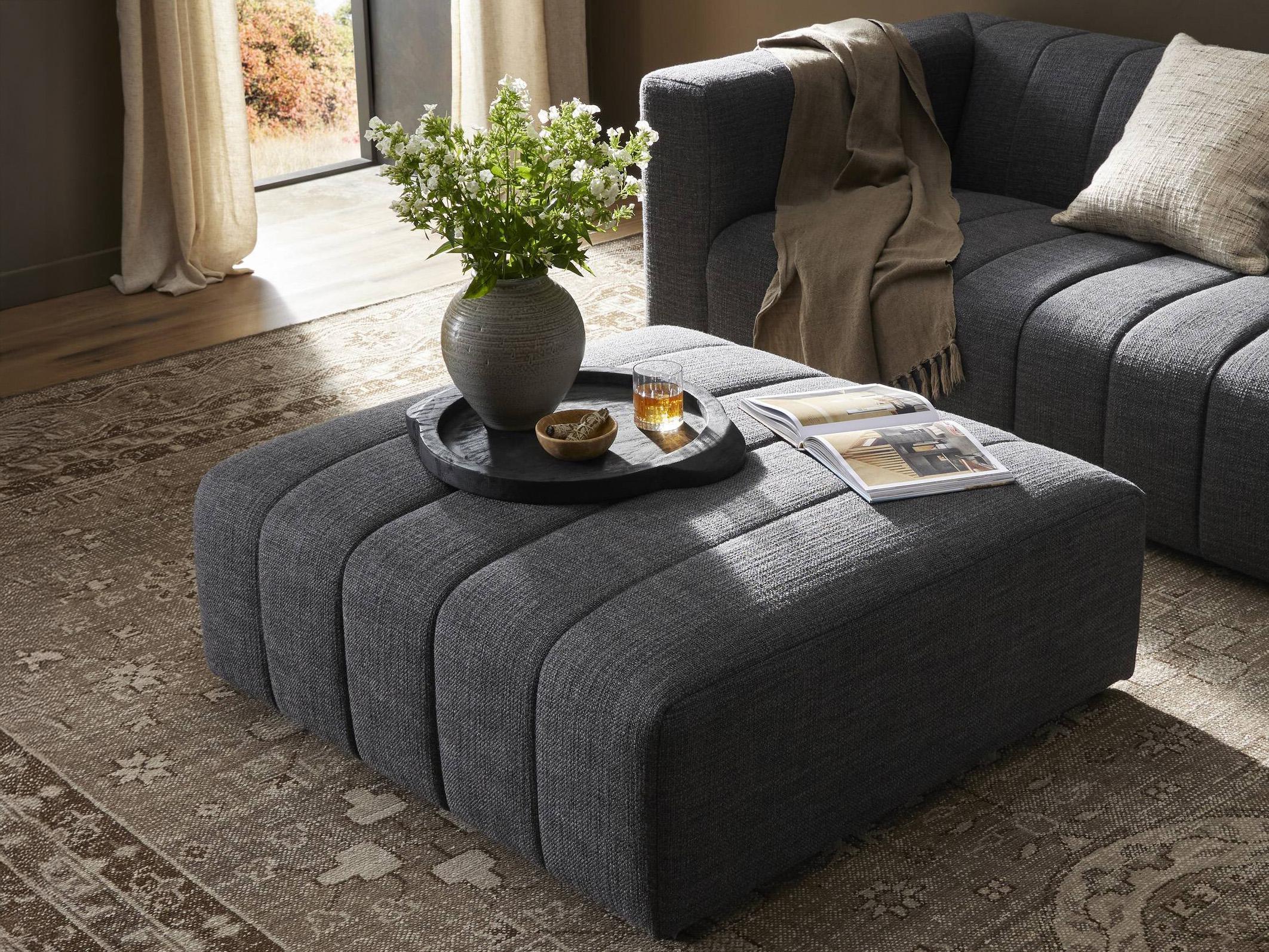 Four Hands Grayson  Saxon Charcoal Upholstered Ottoman