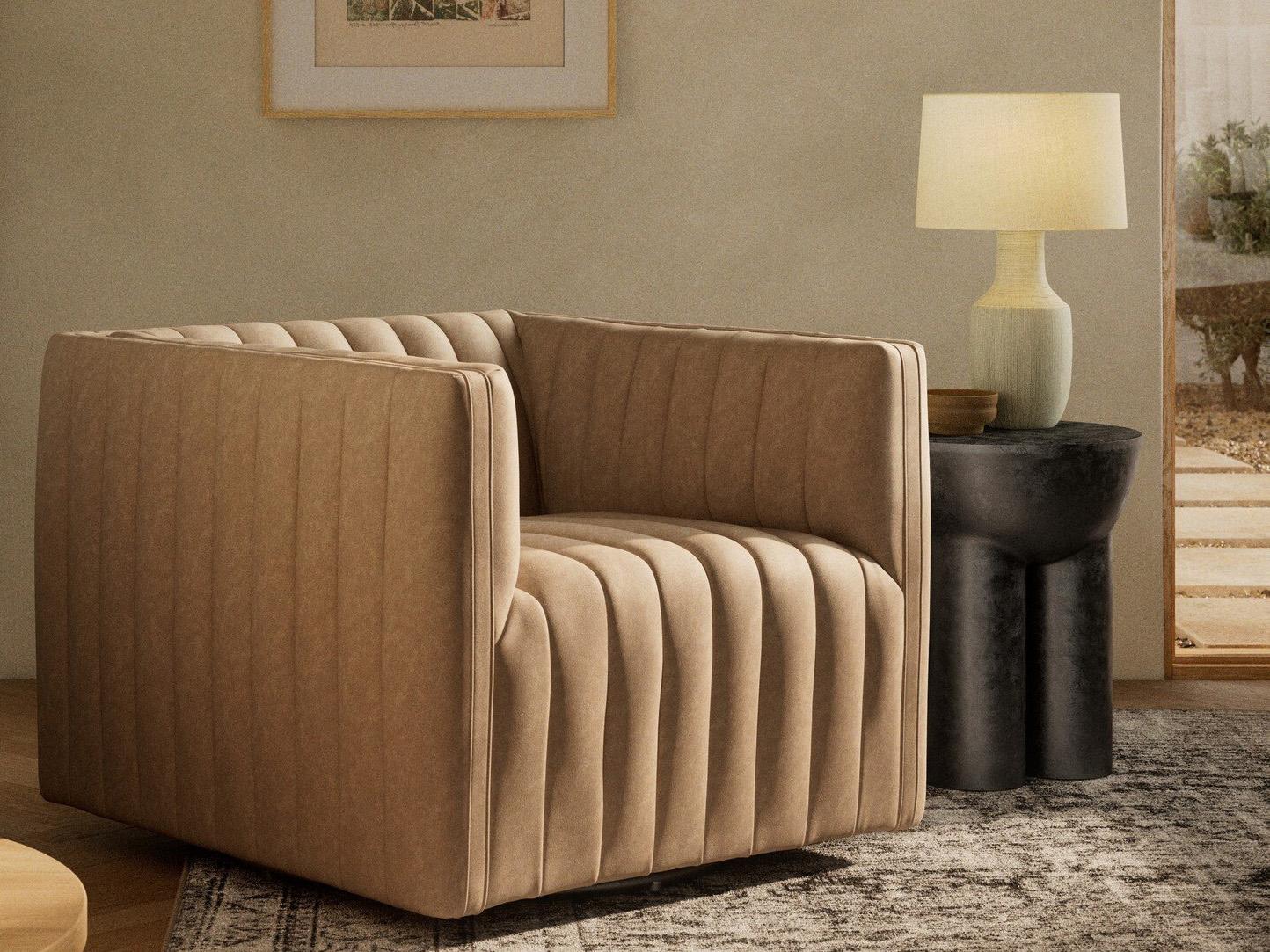 Four Hands Grayson Augustine Swivel Brown Leather Accent Chair