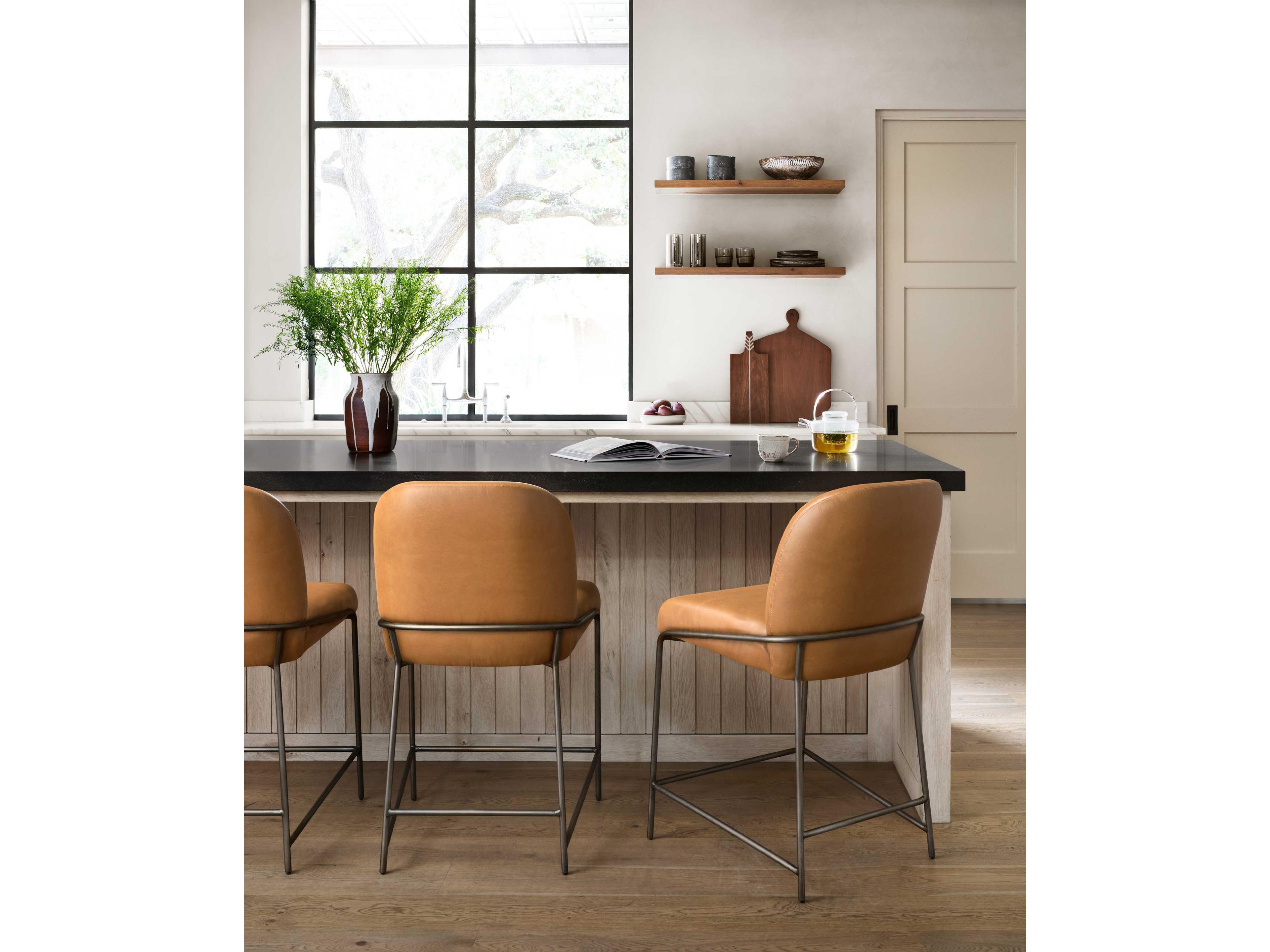 Four Hands Grayson Astrud Leather Brushed Slate Sierra Butterscotch Counter Stool