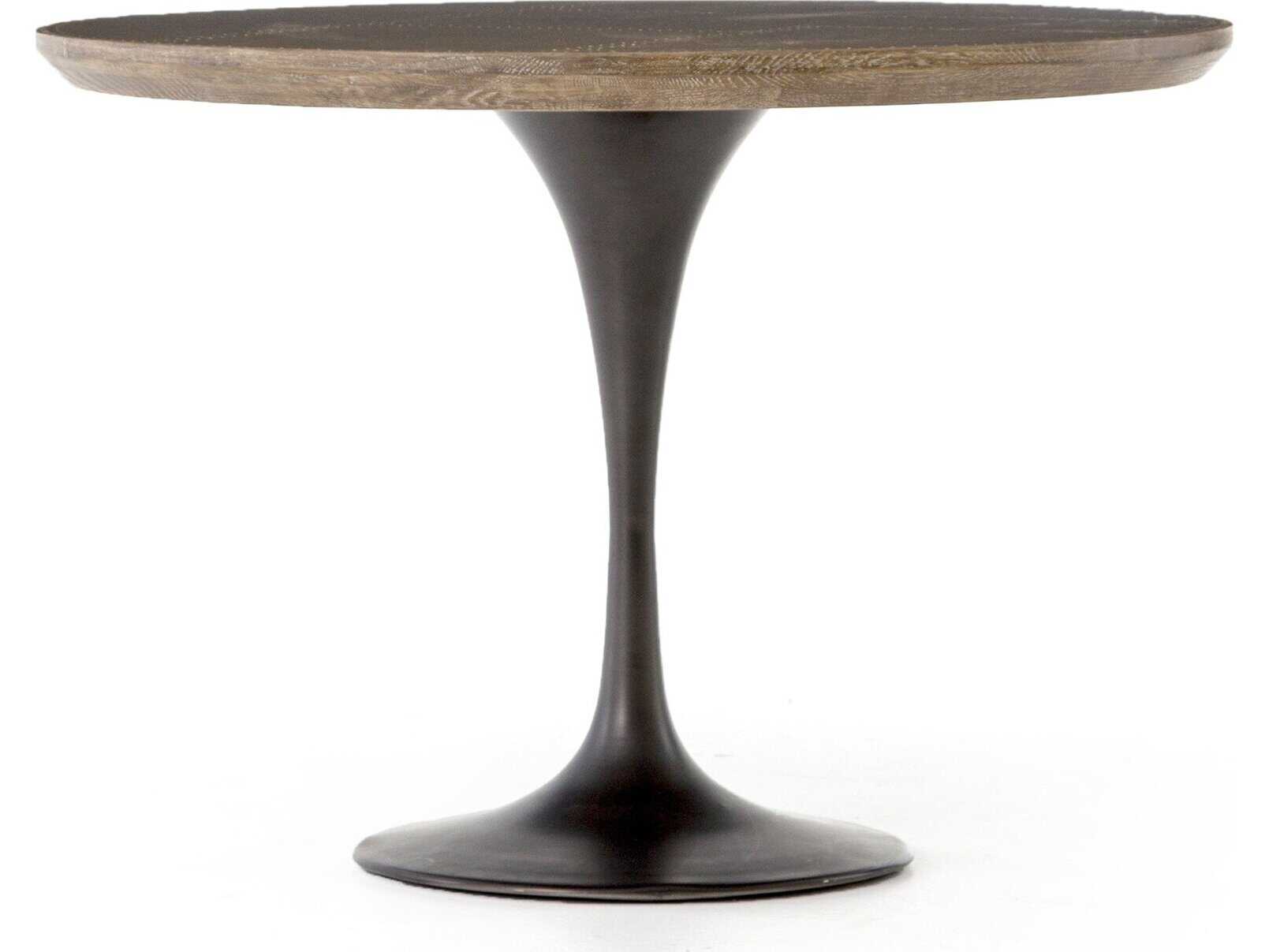 Four Hands Hughes Powell Round Wood Bright Brass Clad Dark Rustic Black Light Burnt Oak Dining Table
