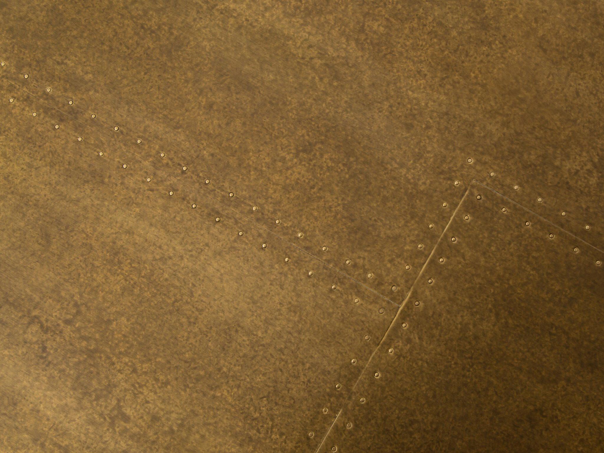 Four Hands Hughes Powell Round Wood Bright Brass Clad Dark Rustic Black Light Burnt Oak Dining Table