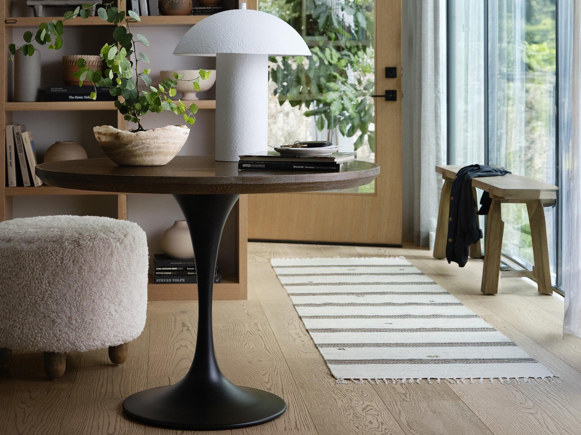 Four Hands Hughes Powell Round Wood Bright Brass Clad Dark Rustic Black Light Burnt Oak Dining Table