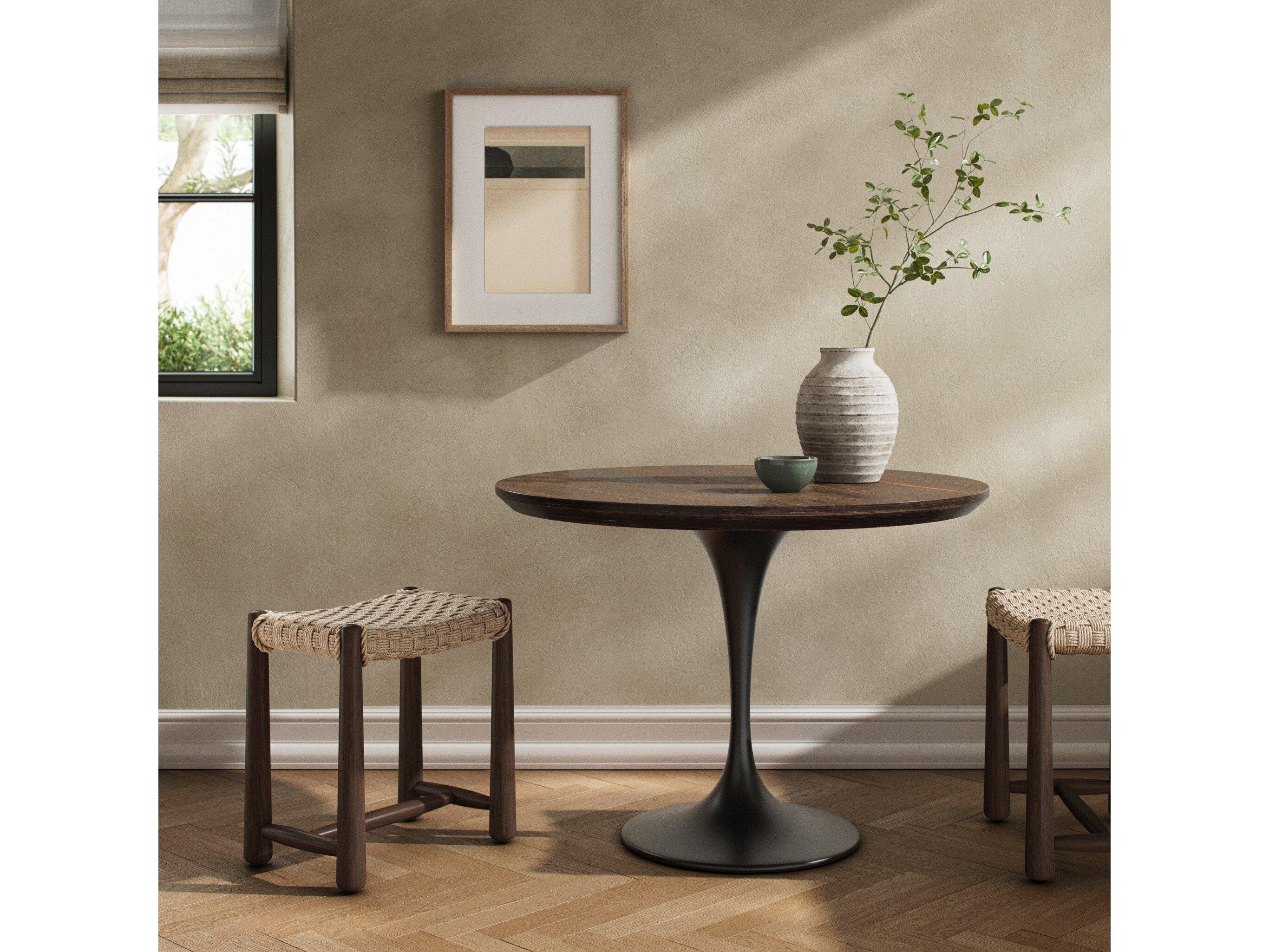 Four Hands Hughes Powell Round Wood Dark Rustic Black English Brown Oak Veneer Dining Table