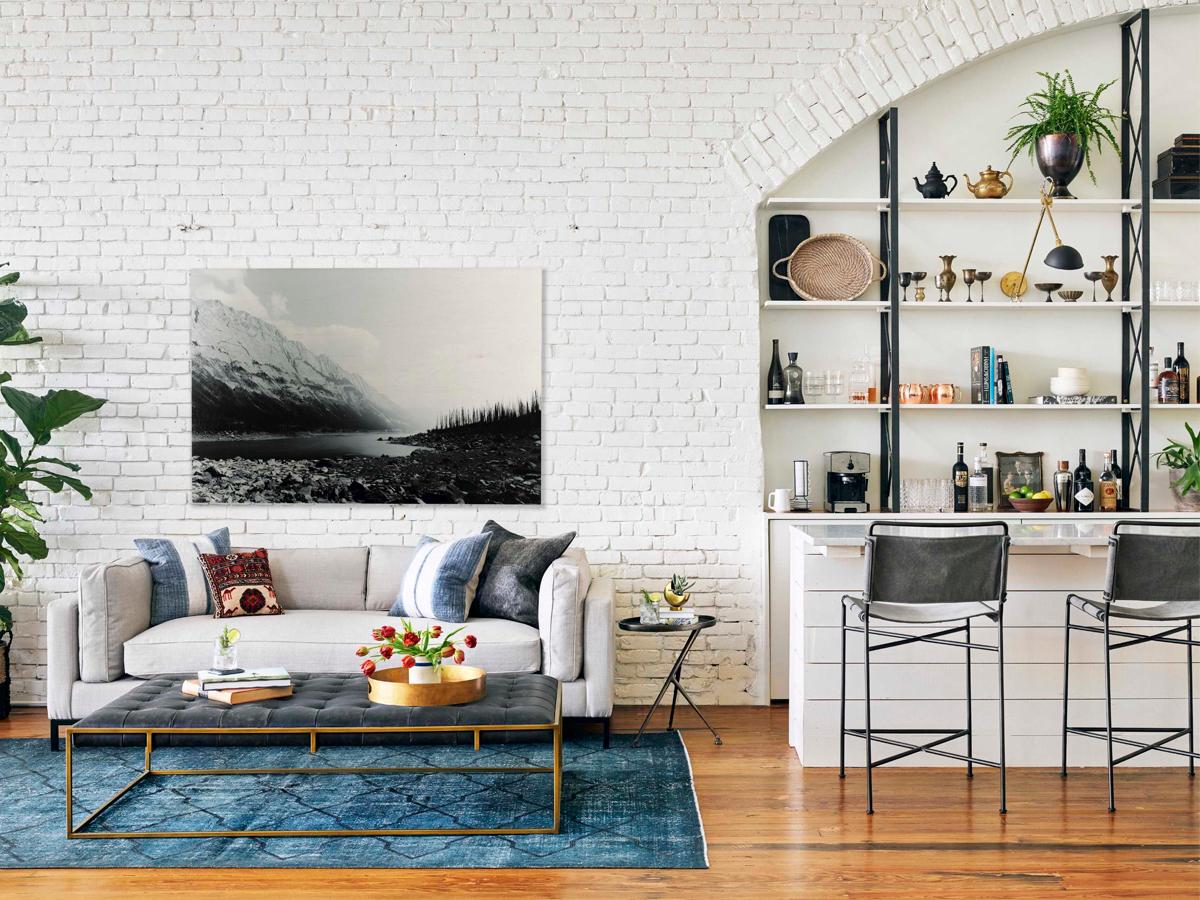 Four Hands Irondale Wharton Upholstered Stonewash Grey Waxed Black Bar Stool