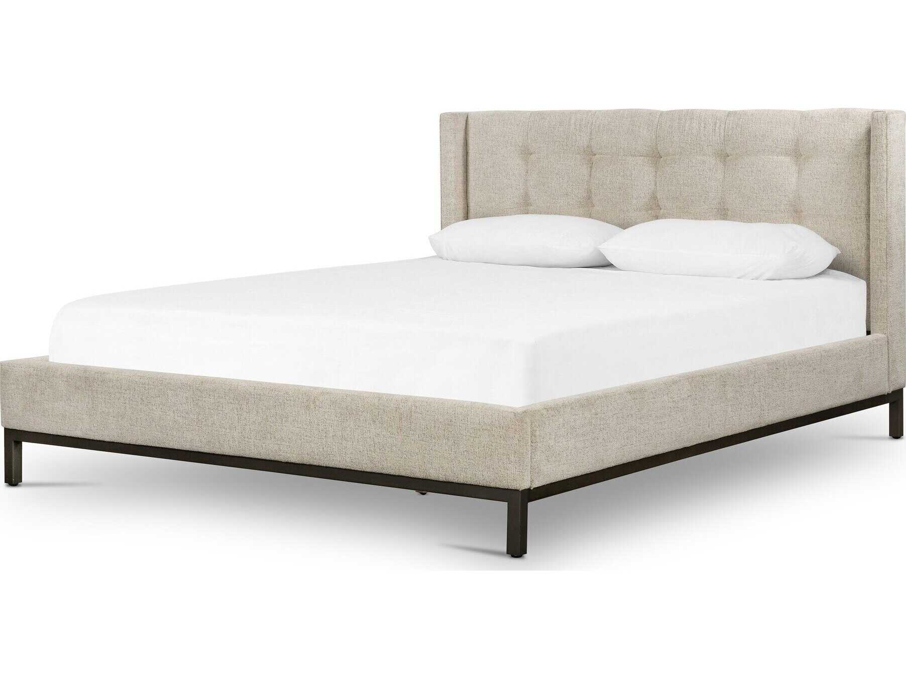 Four Hands Easton Newhall Plushtone Linen Light Gunmetal White Upholstered King Platform Bed